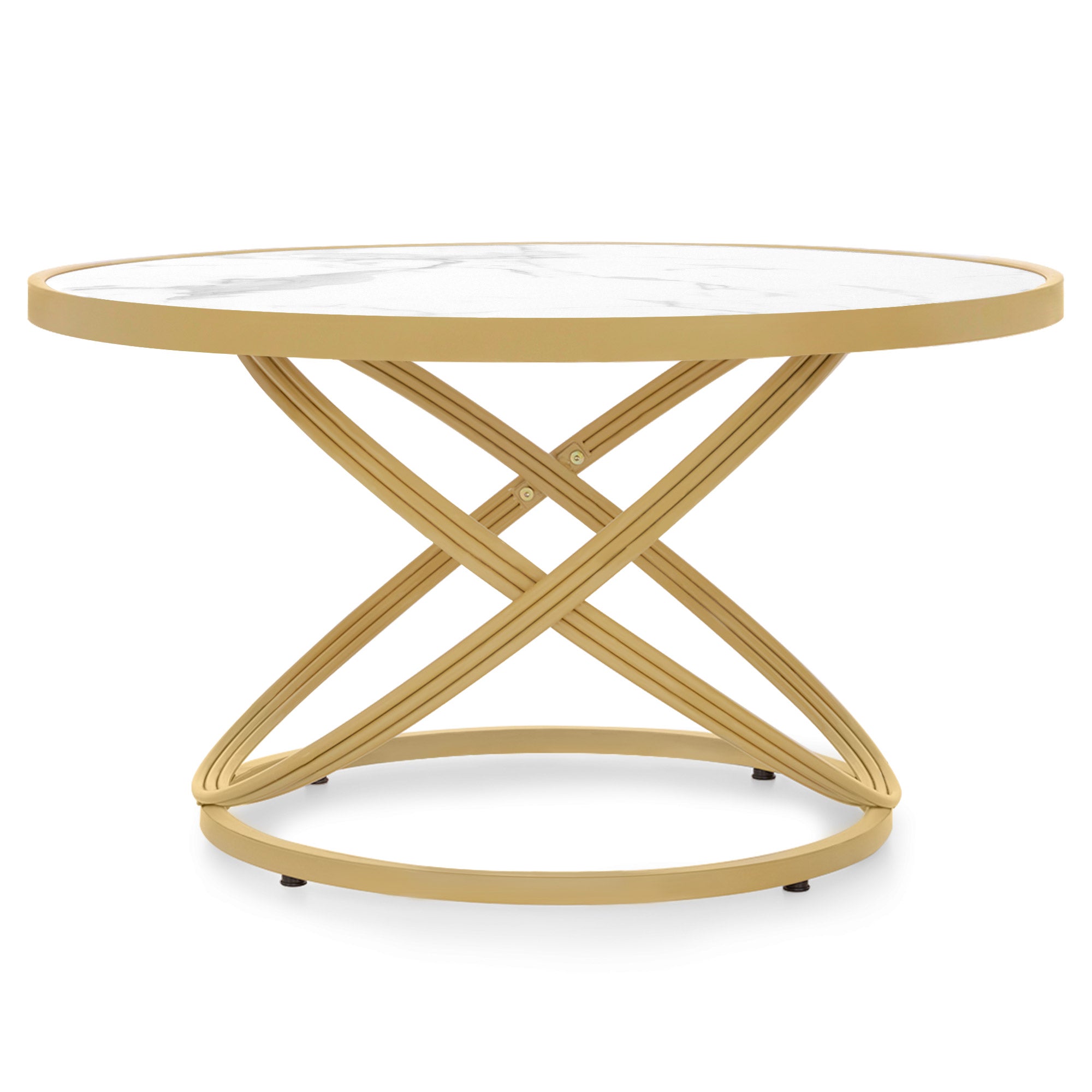 BarberPub Couchtisch Rund Holz, Moderner Sofatisch, Kleiner Beistelltisch Metall, Kaffeetisch für Wohnzimmer, Schönheitssalon, Wohnzimmertisch Marmor-Weiß Gold, 80x80x45cm, 2175
