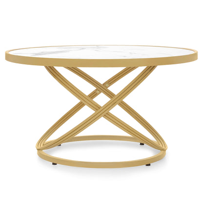 BarberPub Couchtisch Rund Holz, Moderner Sofatisch, Kleiner Beistelltisch Metall, Kaffeetisch für Wohnzimmer, Schönheitssalon, Wohnzimmertisch Marmor-Weiß Gold, 80x80x45cm, 2175