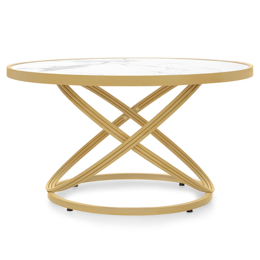 BarberPub Couchtisch Rund Holz, Moderner Sofatisch, Kleiner Beistelltisch Metall, Kaffeetisch für Wohnzimmer, Schönheitssalon, Wohnzimmertisch Marmor-Weiß Gold, 80x80x45cm, 2175