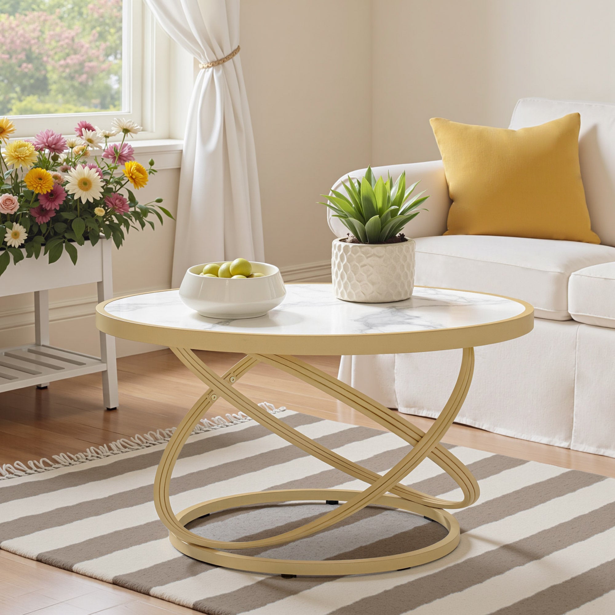 BarberPub Couchtisch Rund Holz, Moderner Sofatisch, Kleiner Beistelltisch Metall, Kaffeetisch für Wohnzimmer, Schönheitssalon, Wohnzimmertisch Marmor-Weiß Gold, 80x80x45cm, 2175