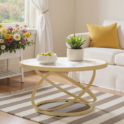 BarberPub Couchtisch Rund Holz, Moderner Sofatisch, Kleiner Beistelltisch Metall, Kaffeetisch für Wohnzimmer, Schönheitssalon, Wohnzimmertisch Marmor-Weiß Gold, 80x80x45cm, 2175