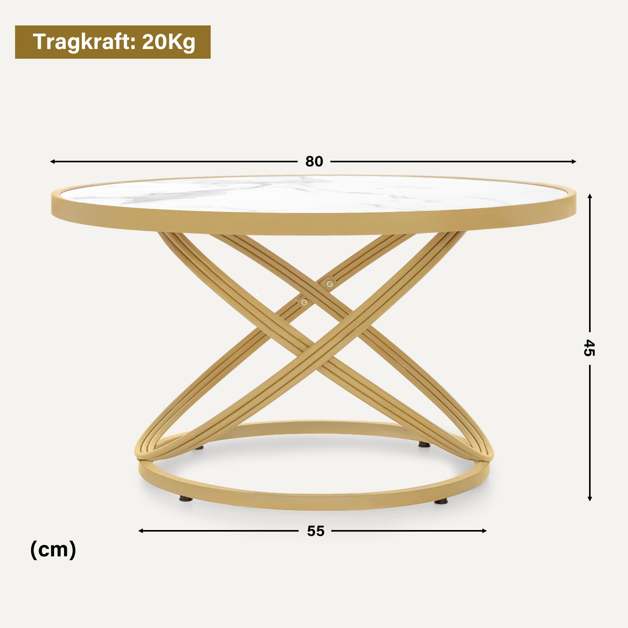 BarberPub Couchtisch Rund Holz, Moderner Sofatisch, Kleiner Beistelltisch Metall, Kaffeetisch für Wohnzimmer, Schönheitssalon, Wohnzimmertisch Marmor-Weiß Gold, 80x80x45cm, 2175