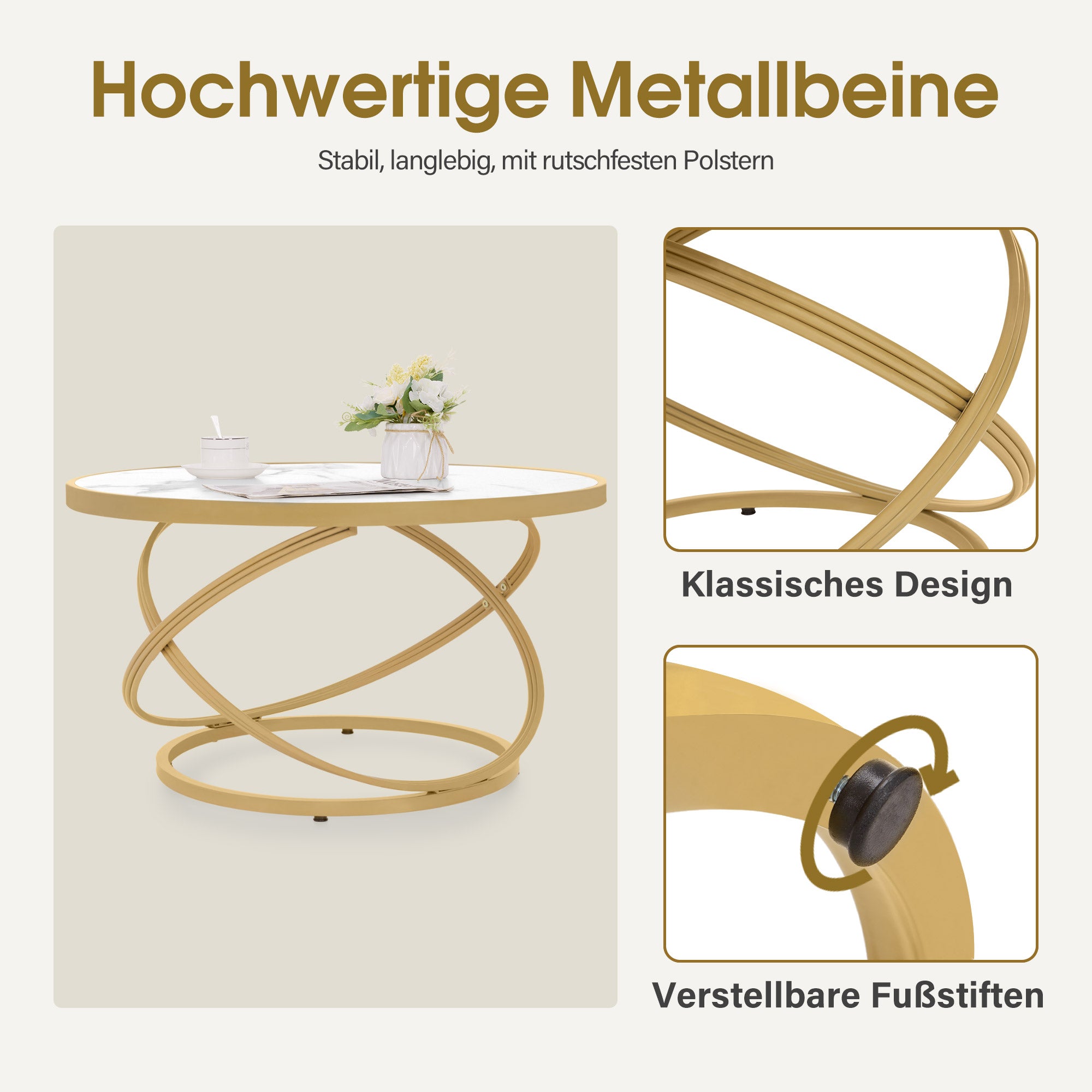 BarberPub Couchtisch Rund Holz, Moderner Sofatisch, Kleiner Beistelltisch Metall, Kaffeetisch für Wohnzimmer, Schönheitssalon, Wohnzimmertisch Marmor-Weiß Gold, 80x80x45cm, 2175