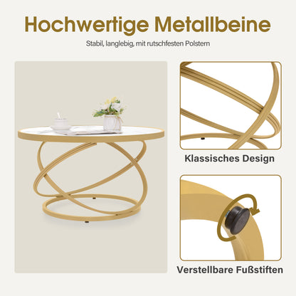 BarberPub Couchtisch Rund Holz, Moderner Sofatisch, Kleiner Beistelltisch Metall, Kaffeetisch für Wohnzimmer, Schönheitssalon, Wohnzimmertisch Marmor-Weiß Gold, 80x80x45cm, 2175