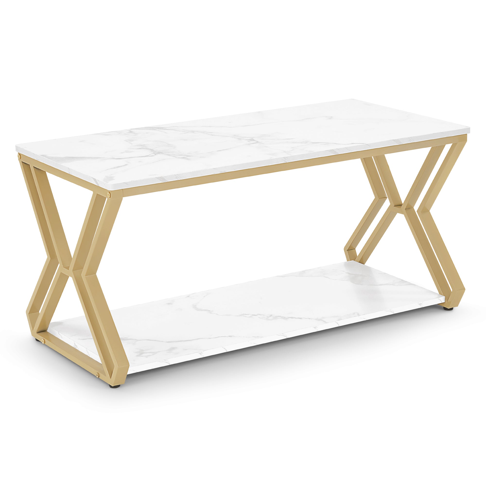 BarberPub Couchtisch Gold, Beistelltisch mit 2 Ablagen, Sofatisch aus Holz, Moderner Wohnzimmertisch Metall, Kaffeetisch für Wohnzimmer, Schönheitssalon, Marmor-Weiß, 50x100x48cm, 2196