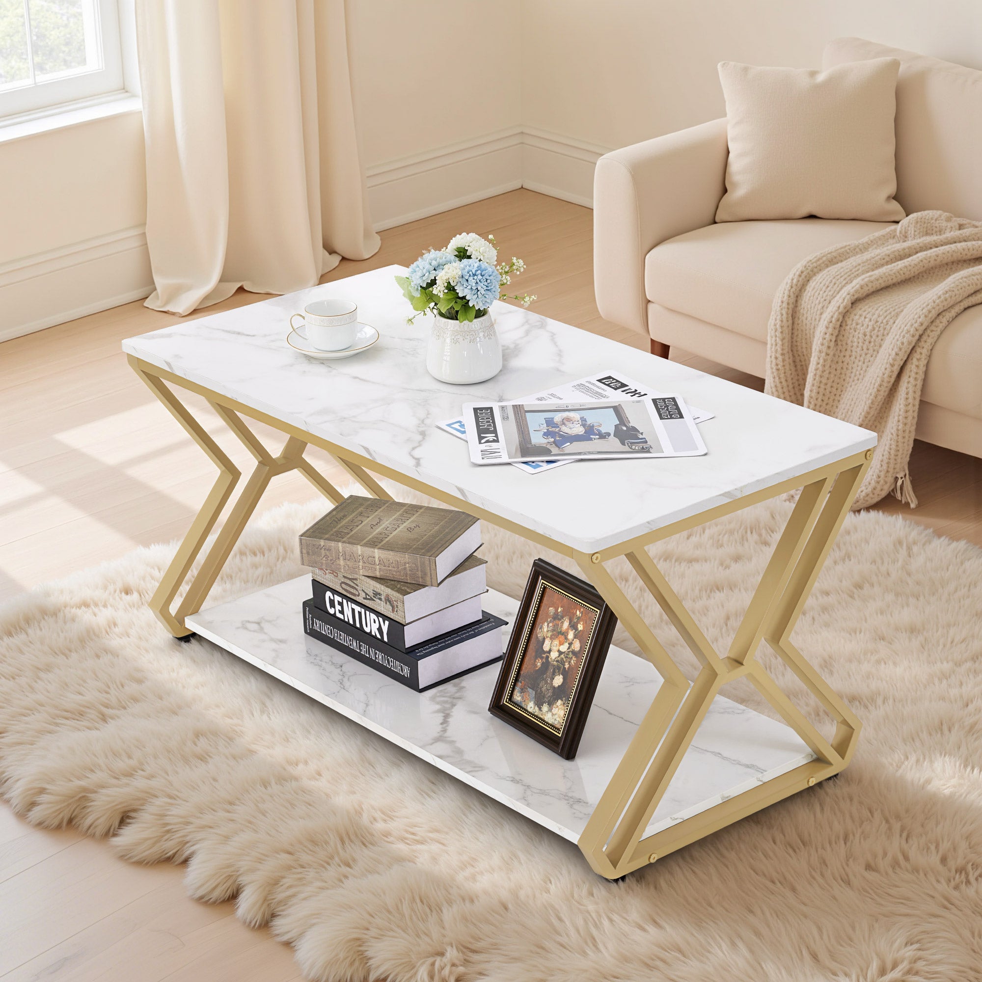 BarberPub Couchtisch Gold, Beistelltisch mit 2 Ablagen, Sofatisch aus Holz, Moderner Wohnzimmertisch Metall, Kaffeetisch für Wohnzimmer, Schönheitssalon, Marmor-Weiß, 50x100x48cm, 2196