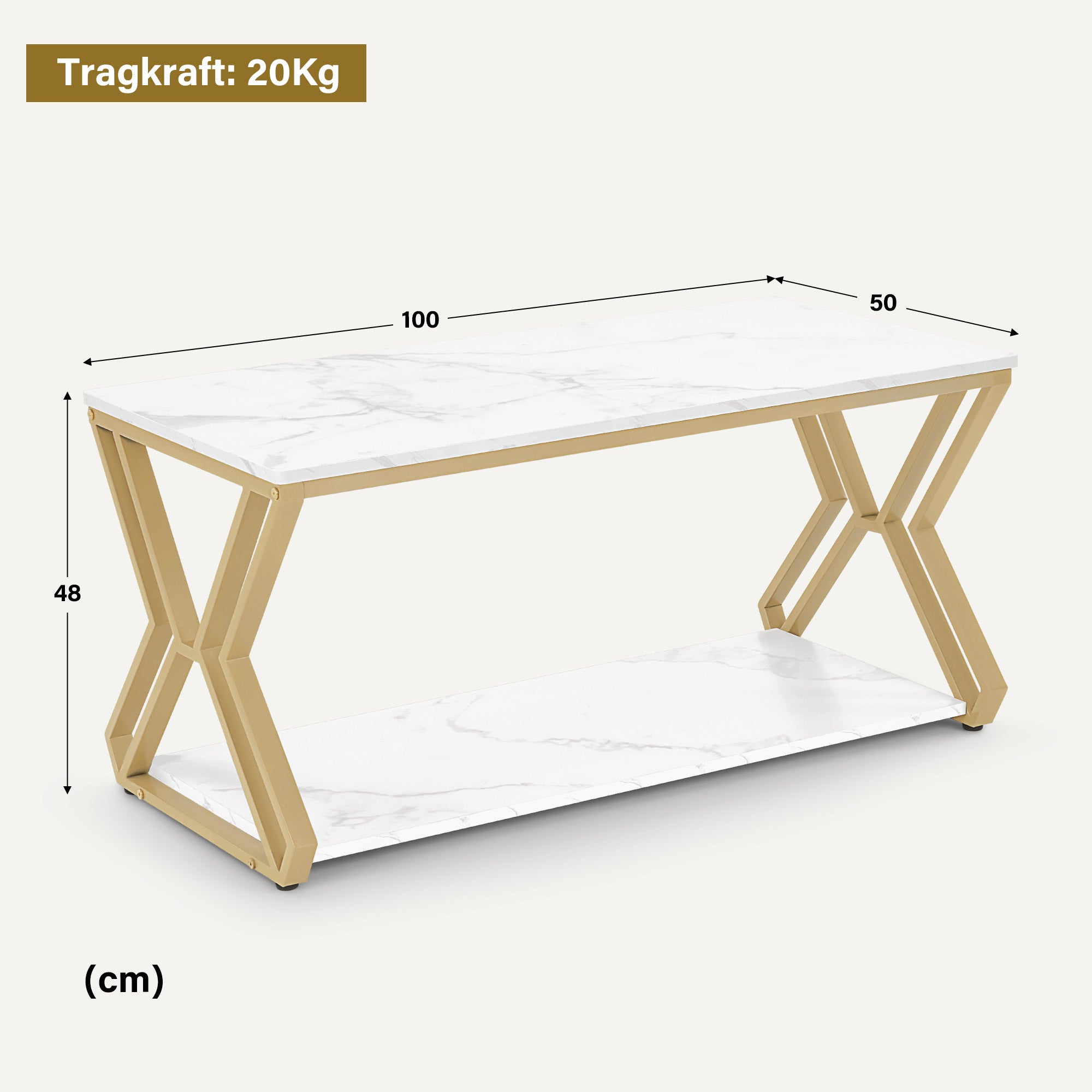 BarberPub Couchtisch Gold, Beistelltisch mit 2 Ablagen, Sofatisch aus Holz, Moderner Wohnzimmertisch Metall, Kaffeetisch für Wohnzimmer, Schönheitssalon, Marmor-Weiß, 50x100x48cm, 2196