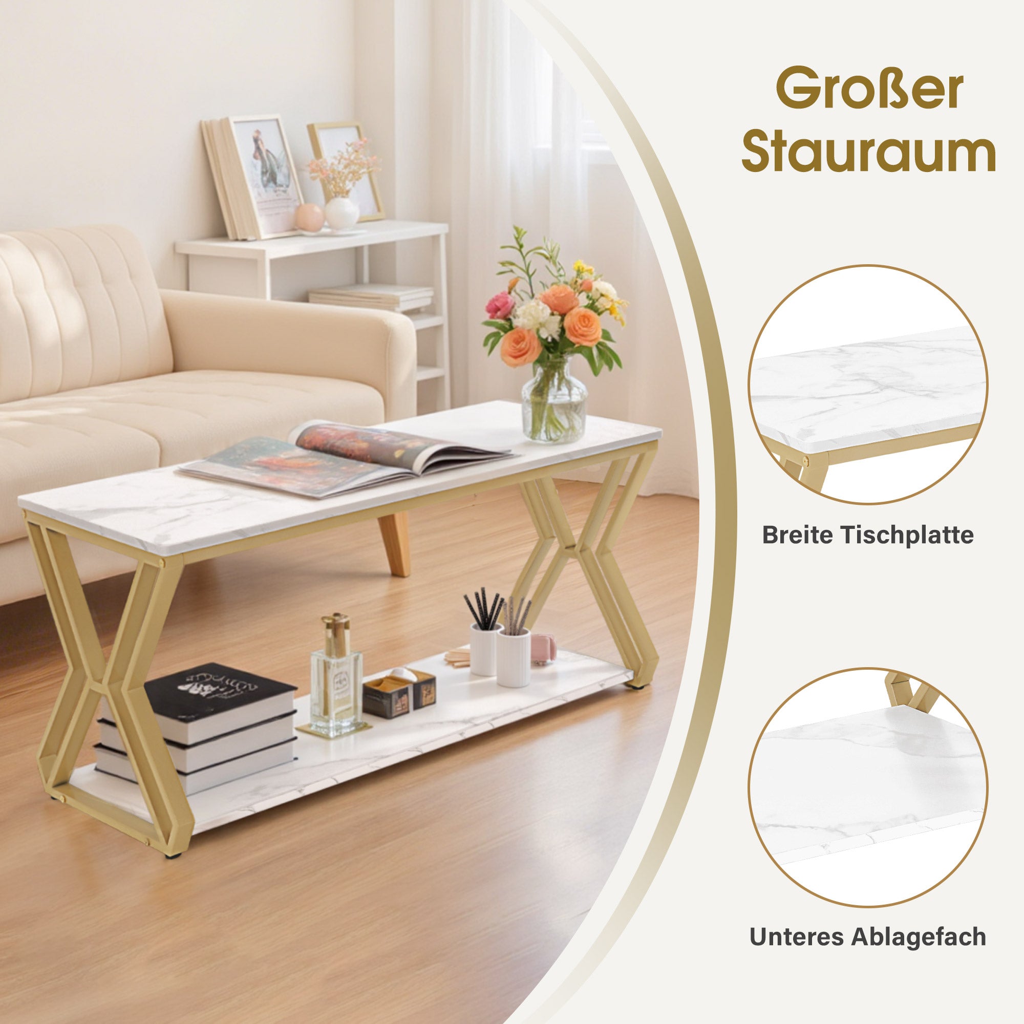 BarberPub Couchtisch Gold, Beistelltisch mit 2 Ablagen, Sofatisch aus Holz, Moderner Wohnzimmertisch Metall, Kaffeetisch für Wohnzimmer, Schönheitssalon, Marmor-Weiß, 50x100x48cm, 2196