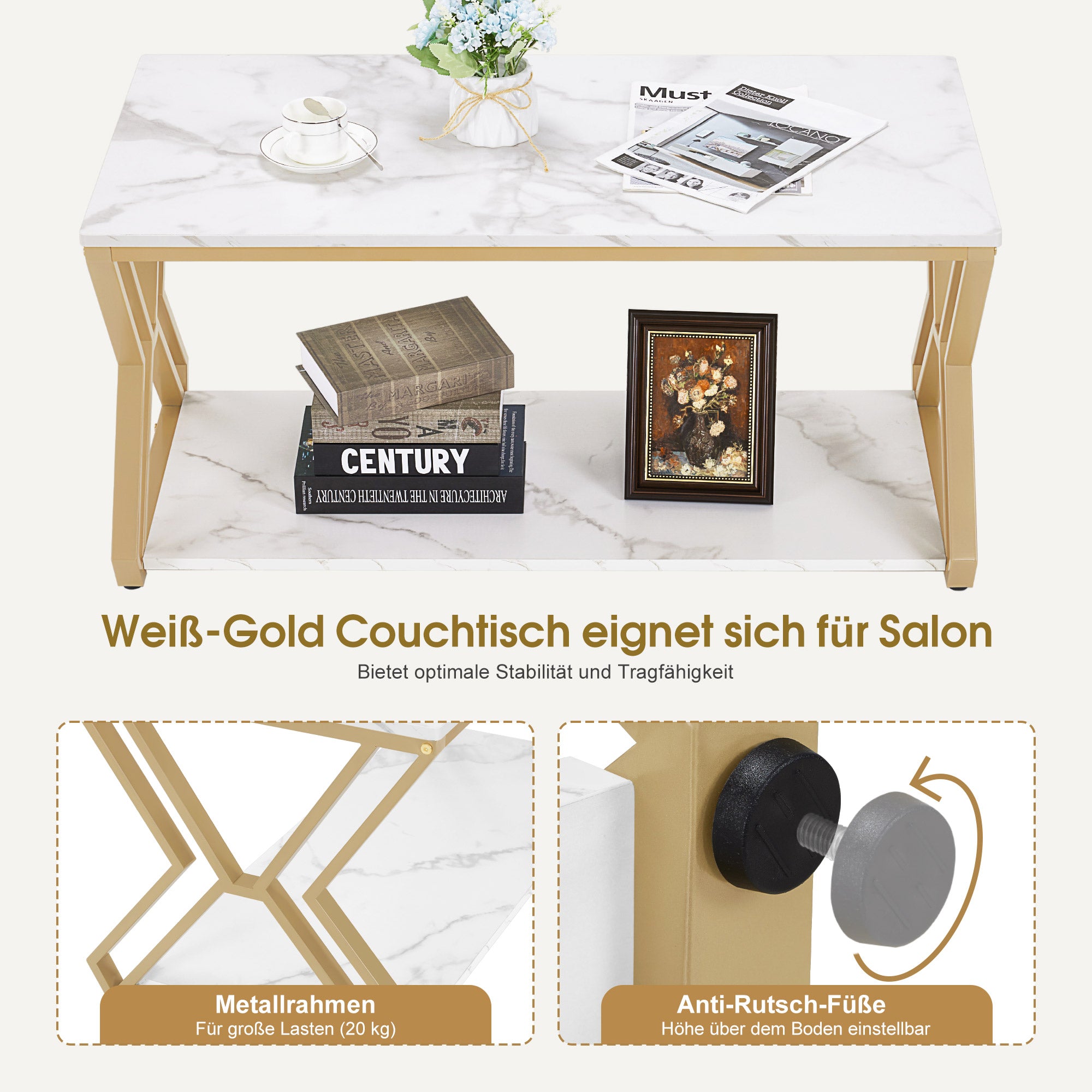BarberPub Couchtisch Gold, Beistelltisch mit 2 Ablagen, Sofatisch aus Holz, Moderner Wohnzimmertisch Metall, Kaffeetisch für Wohnzimmer, Schönheitssalon, Marmor-Weiß, 50x100x48cm, 2196