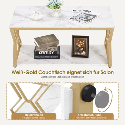 BarberPub Couchtisch Gold, Beistelltisch mit 2 Ablagen, Sofatisch aus Holz, Moderner Wohnzimmertisch Metall, Kaffeetisch für Wohnzimmer, Schönheitssalon, Marmor-Weiß, 50x100x48cm, 2196