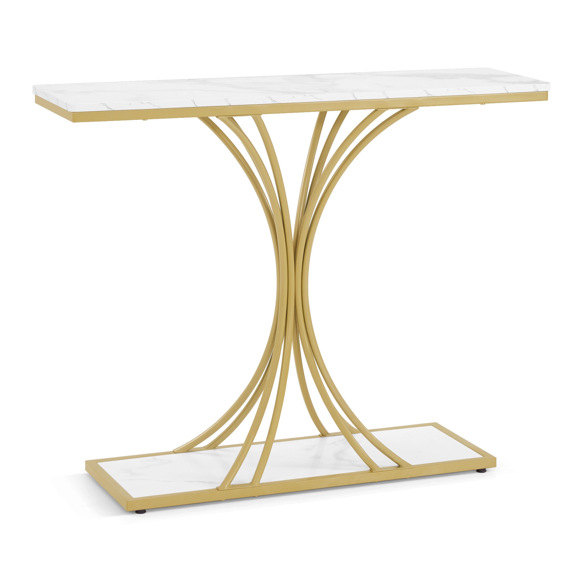 BarberPub Konsolentisch Schmal, Eingangstisch Holz Metallgestell, Flurtisch mit 2 Ebenen, Moderner Beistelltisch für Flur, Wohnzimmer, Vorzimmer, Eingang, Foyer, Marmor-Weiß Gold, 30x100x80,5cm, 2226