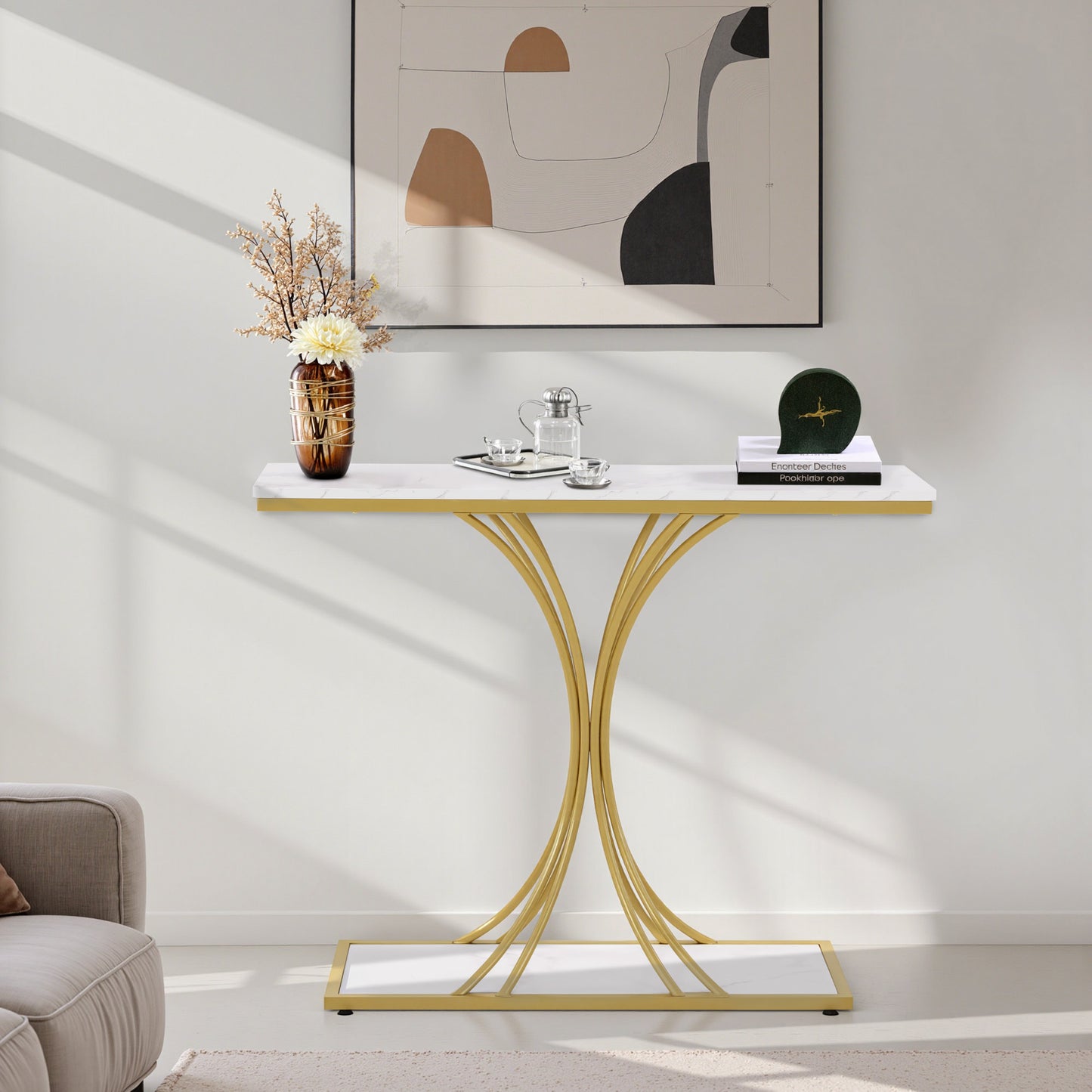 BarberPub Konsolentisch Schmal, Eingangstisch Holz Metallgestell, Flurtisch mit 2 Ebenen, Moderner Beistelltisch für Flur, Wohnzimmer, Vorzimmer, Eingang, Foyer, Marmor-Weiß Gold, 30x100x80,5cm, 2226