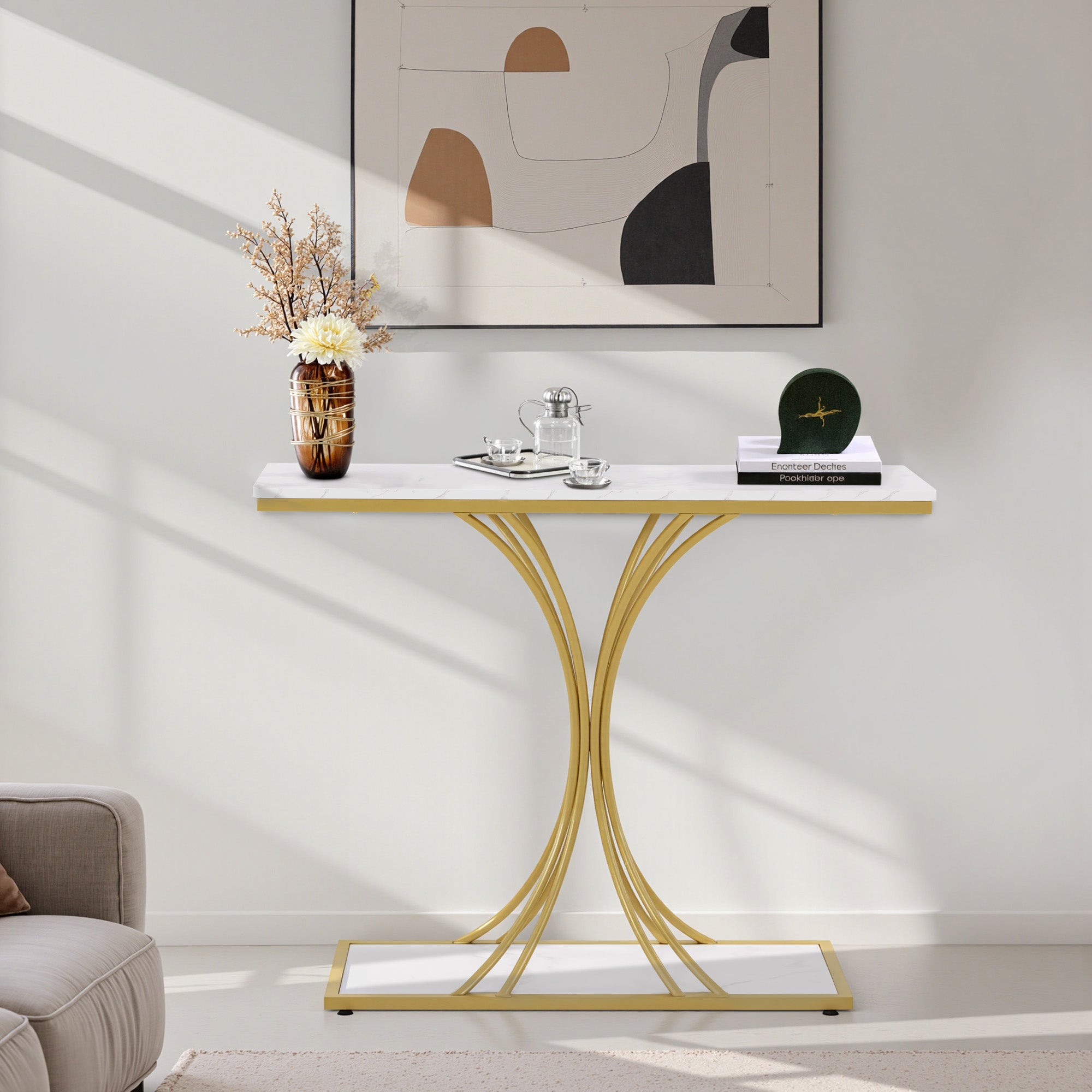 BarberPub Konsolentisch Schmal, Eingangstisch Holz Metallgestell, Flurtisch mit 2 Ebenen, Moderner Beistelltisch für Flur, Wohnzimmer, Vorzimmer, Eingang, Foyer, Marmor-Weiß Gold, 30x100x80,5cm, 2226