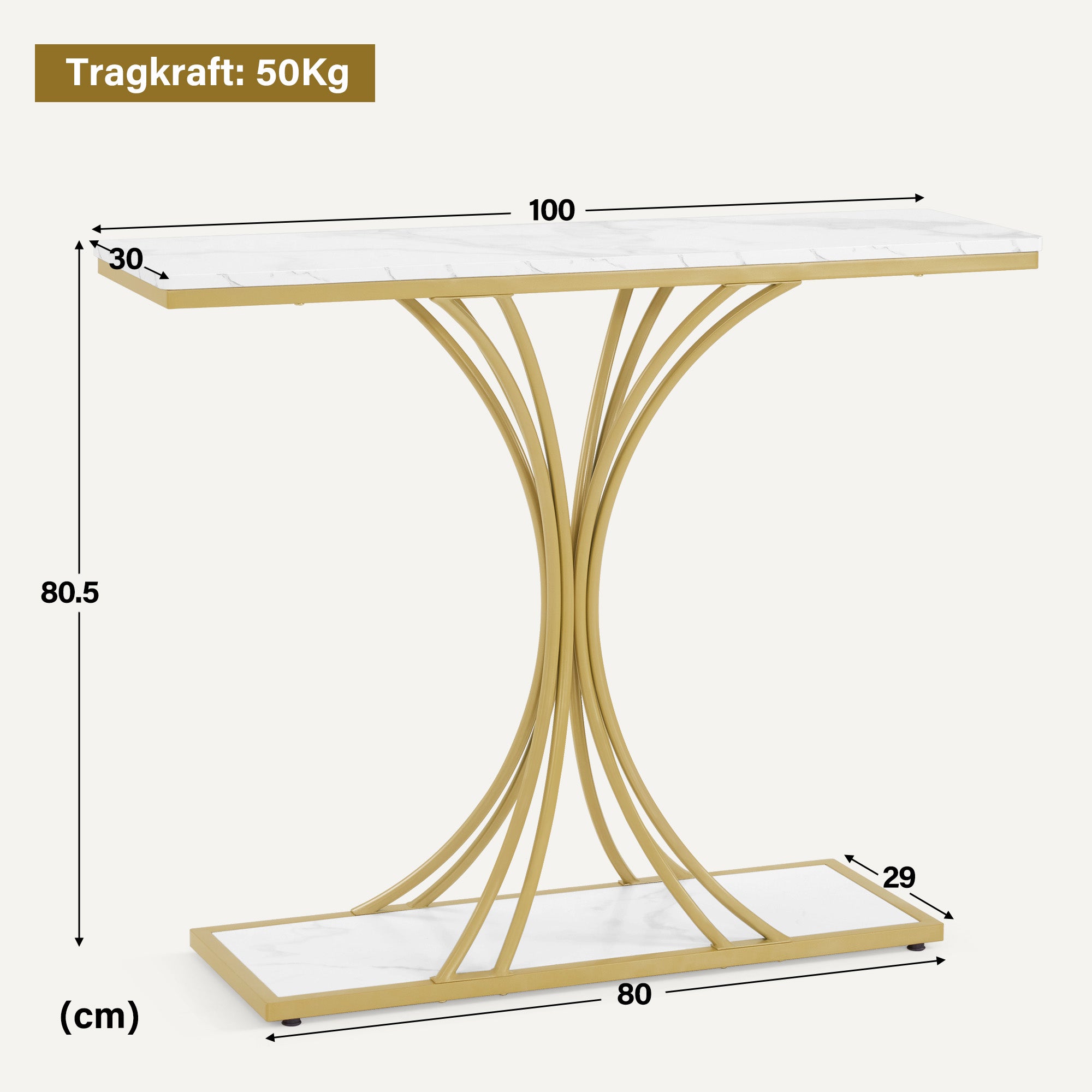 BarberPub Konsolentisch Schmal, Eingangstisch Holz Metallgestell, Flurtisch mit 2 Ebenen, Moderner Beistelltisch für Flur, Wohnzimmer, Vorzimmer, Eingang, Foyer, Marmor-Weiß Gold, 30x100x80,5cm, 2226
