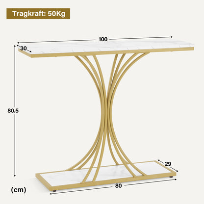 BarberPub Konsolentisch Schmal, Eingangstisch Holz Metallgestell, Flurtisch mit 2 Ebenen, Moderner Beistelltisch für Flur, Wohnzimmer, Vorzimmer, Eingang, Foyer, Marmor-Weiß Gold, 30x100x80,5cm, 2226
