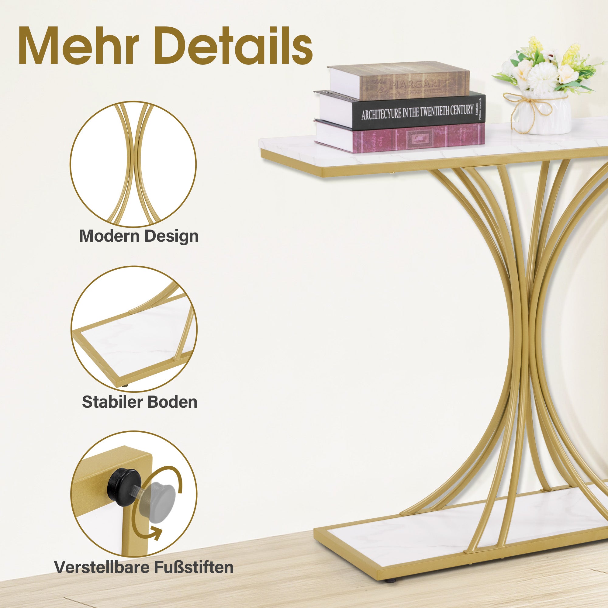 BarberPub Konsolentisch Schmal, Eingangstisch Holz Metallgestell, Flurtisch mit 2 Ebenen, Moderner Beistelltisch für Flur, Wohnzimmer, Vorzimmer, Eingang, Foyer, Marmor-Weiß Gold, 30x100x80,5cm, 2226