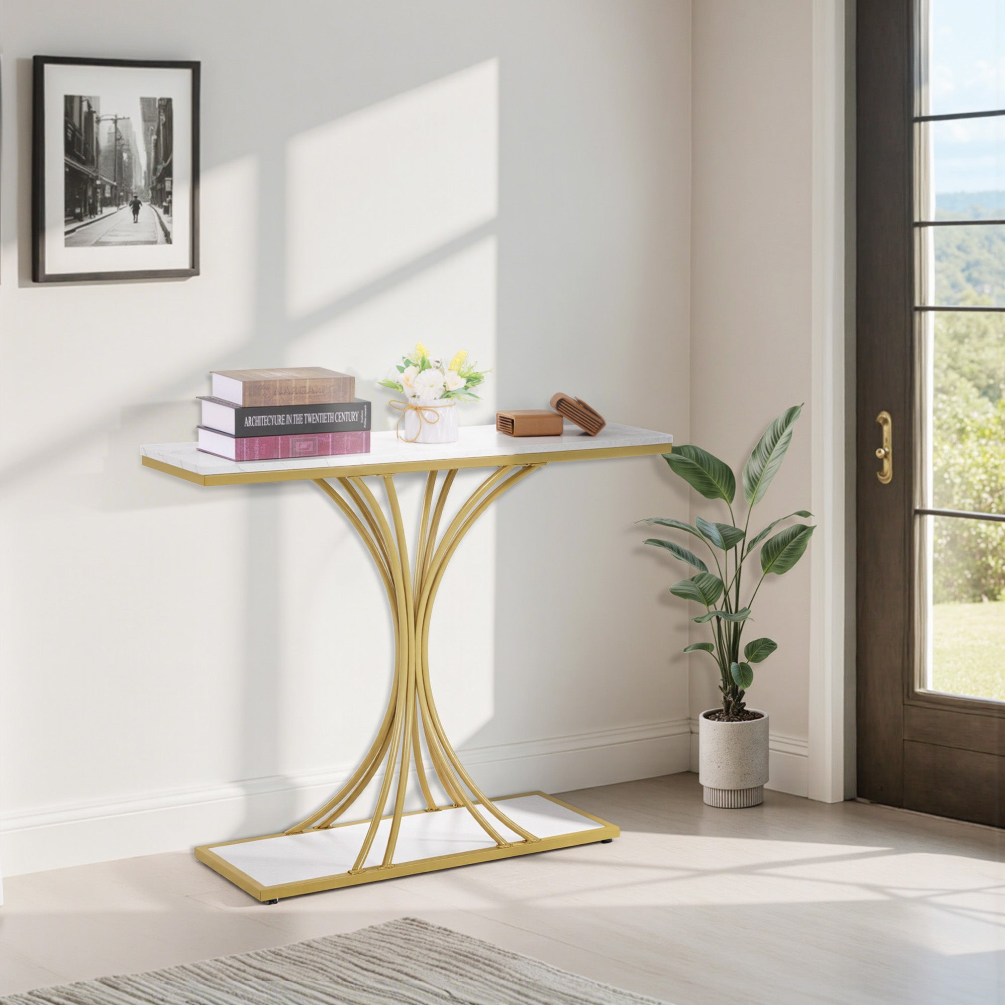 BarberPub Konsolentisch Schmal, Eingangstisch Holz Metallgestell, Flurtisch mit 2 Ebenen, Moderner Beistelltisch für Flur, Wohnzimmer, Vorzimmer, Eingang, Foyer, Marmor-Weiß Gold, 30x100x80,5cm, 2226