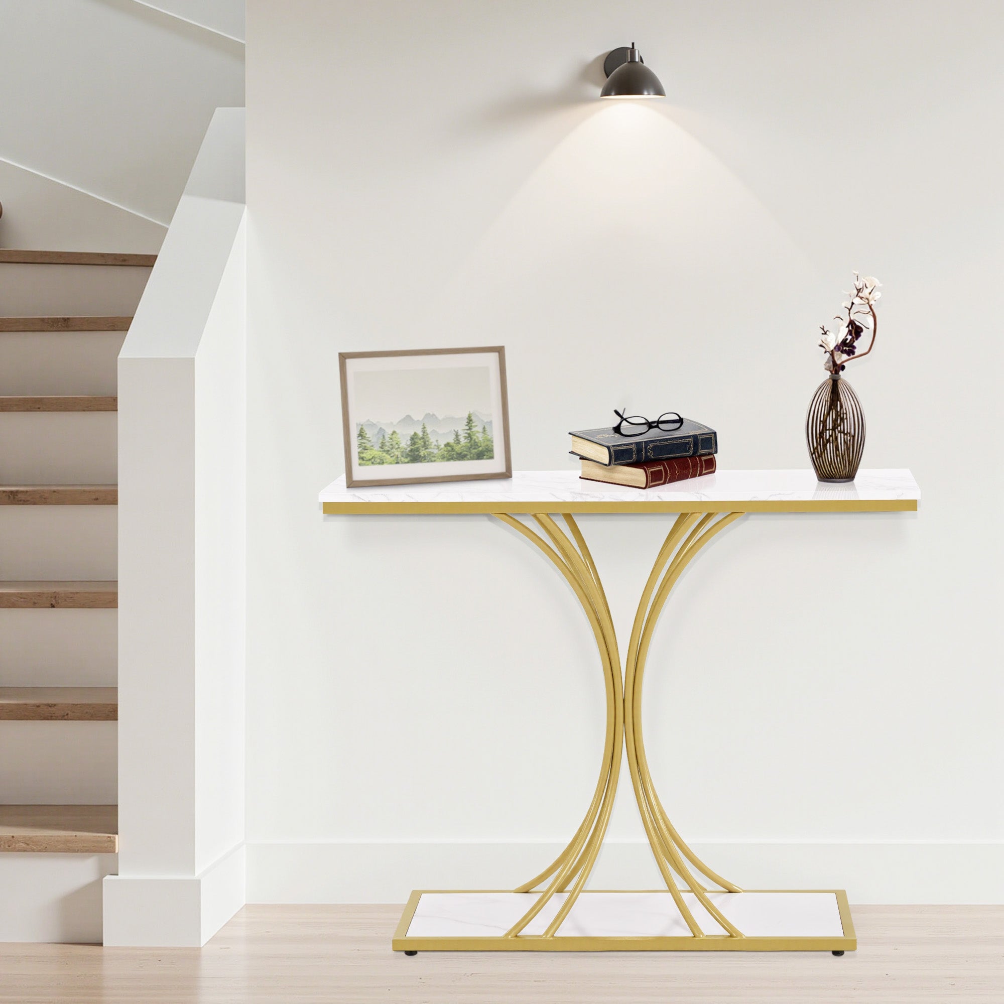 BarberPub Konsolentisch Schmal, Eingangstisch Holz Metallgestell, Flurtisch mit 2 Ebenen, Moderner Beistelltisch für Flur, Wohnzimmer, Vorzimmer, Eingang, Foyer, Marmor-Weiß Gold, 30x100x80,5cm, 2226