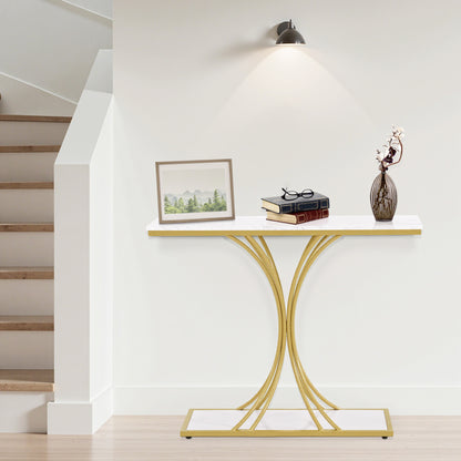 BarberPub Konsolentisch Schmal, Eingangstisch Holz Metallgestell, Flurtisch mit 2 Ebenen, Moderner Beistelltisch für Flur, Wohnzimmer, Vorzimmer, Eingang, Foyer, Marmor-Weiß Gold, 30x100x80,5cm, 2226