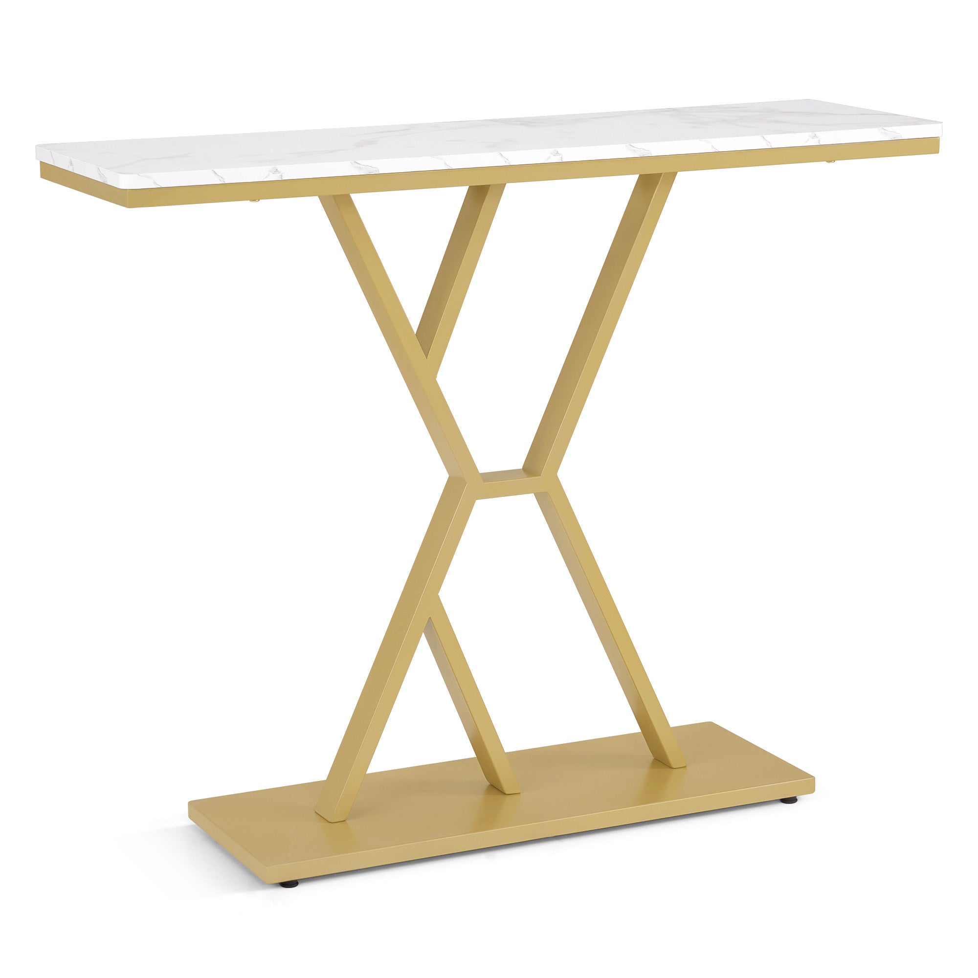 BarberPub Konsolentisch Schmal, Eingangstisch Holz Metallgestell, Flurtisch mit 2 Ebenen, Moderner Beistelltisch für Flur, Wohnzimmer, Vorzimmer, Eingang, Foyer, Marmor-Weiß Gold, 30x100x80cm, 2237