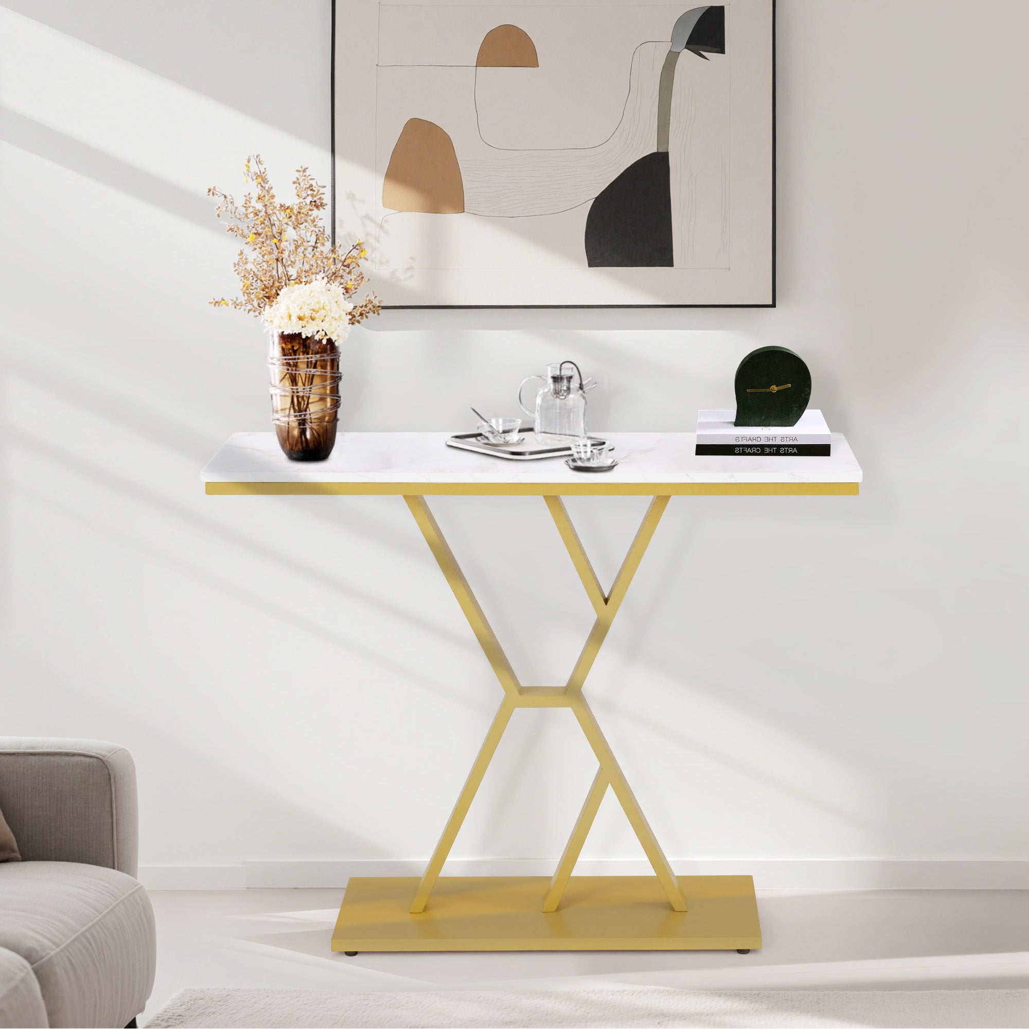BarberPub Konsolentisch Schmal, Eingangstisch Holz Metallgestell, Flurtisch mit 2 Ebenen, Moderner Beistelltisch für Flur, Wohnzimmer, Vorzimmer, Eingang, Foyer, Marmor-Weiß Gold, 30x100x80cm, 2237