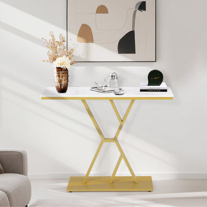 BarberPub Konsolentisch Schmal, Eingangstisch Holz Metallgestell, Flurtisch mit 2 Ebenen, Moderner Beistelltisch für Flur, Wohnzimmer, Vorzimmer, Eingang, Foyer, Marmor-Weiß Gold, 30x100x80cm, 2237
