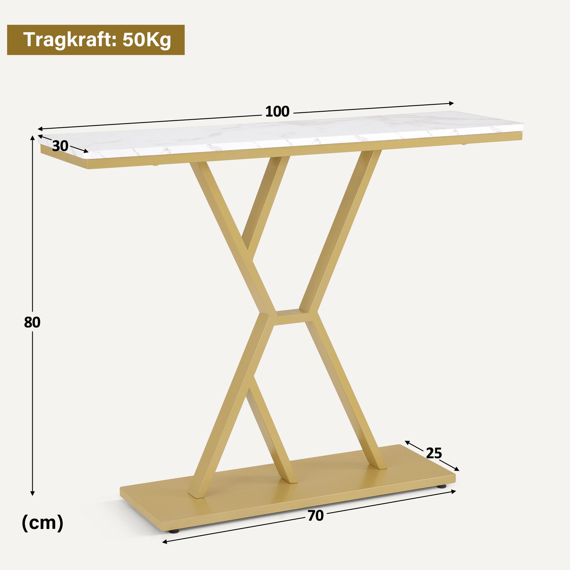 BarberPub Konsolentisch Schmal, Eingangstisch Holz Metallgestell, Flurtisch mit 2 Ebenen, Moderner Beistelltisch für Flur, Wohnzimmer, Vorzimmer, Eingang, Foyer, Marmor-Weiß Gold, 30x100x80cm, 2237