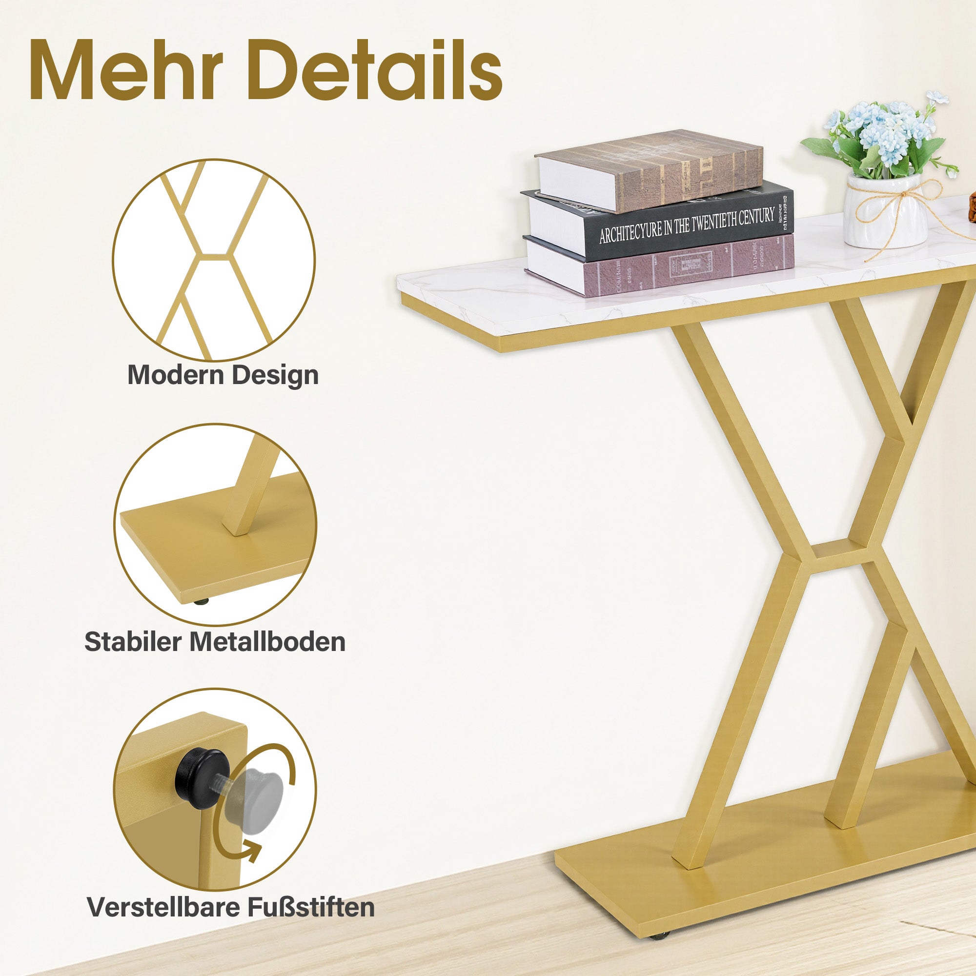BarberPub Konsolentisch Schmal, Eingangstisch Holz Metallgestell, Flurtisch mit 2 Ebenen, Moderner Beistelltisch für Flur, Wohnzimmer, Vorzimmer, Eingang, Foyer, Marmor-Weiß Gold, 30x100x80cm, 2237