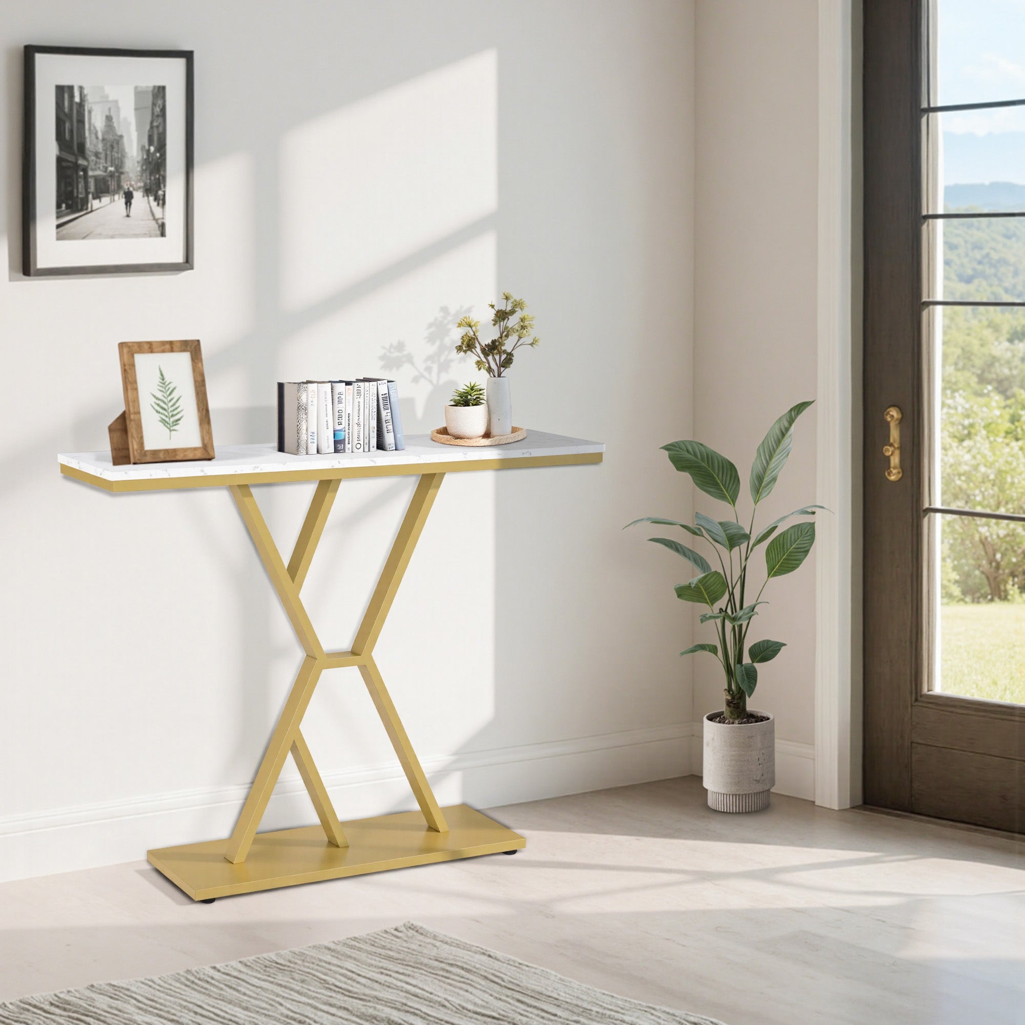 BarberPub Konsolentisch Schmal, Eingangstisch Holz Metallgestell, Flurtisch mit 2 Ebenen, Moderner Beistelltisch für Flur, Wohnzimmer, Vorzimmer, Eingang, Foyer, Marmor-Weiß Gold, 30x100x80cm, 2237