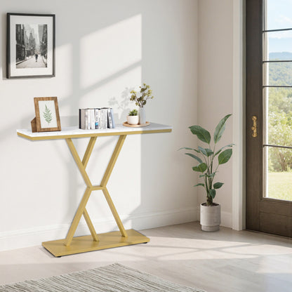 BarberPub Konsolentisch Schmal, Eingangstisch Holz Metallgestell, Flurtisch mit 2 Ebenen, Moderner Beistelltisch für Flur, Wohnzimmer, Vorzimmer, Eingang, Foyer, Marmor-Weiß Gold, 30x100x80cm, 2237