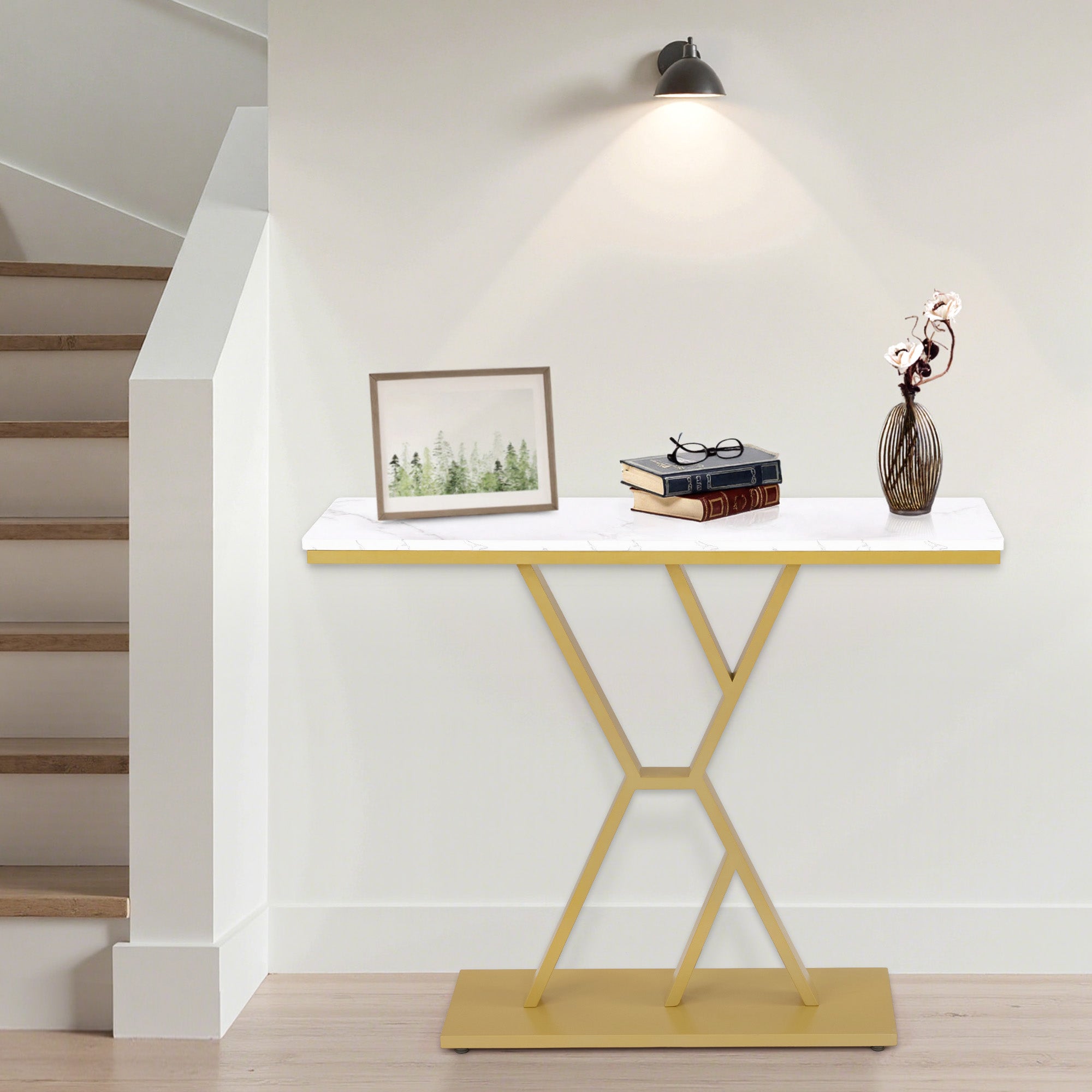 BarberPub Konsolentisch Schmal, Eingangstisch Holz Metallgestell, Flurtisch mit 2 Ebenen, Moderner Beistelltisch für Flur, Wohnzimmer, Vorzimmer, Eingang, Foyer, Marmor-Weiß Gold, 30x100x80cm, 2237