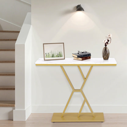 BarberPub Konsolentisch Schmal, Eingangstisch Holz Metallgestell, Flurtisch mit 2 Ebenen, Moderner Beistelltisch für Flur, Wohnzimmer, Vorzimmer, Eingang, Foyer, Marmor-Weiß Gold, 30x100x80cm, 2237