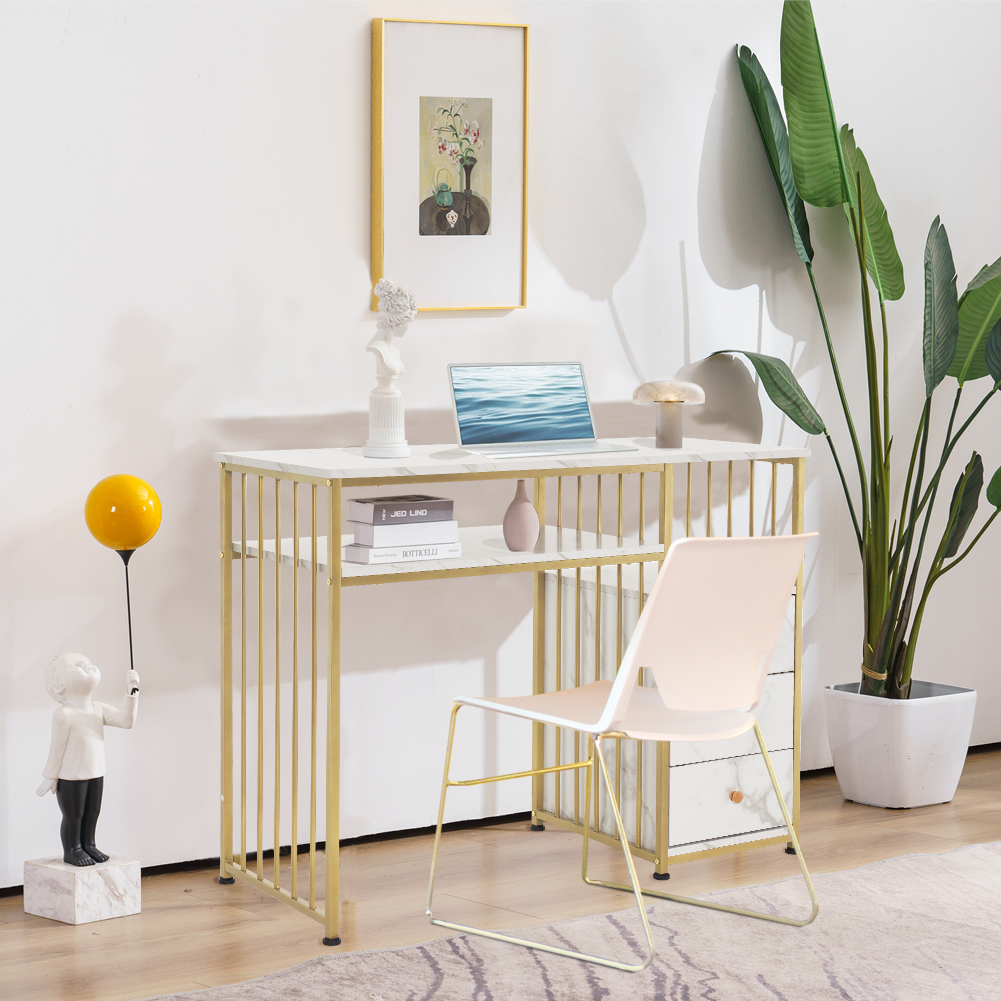 Barberpub Schreibtisch mit Schubladen, Schminktisch ohne Spiegel, Nageltisch aus Holz Metallgestell, Computertisch Wohnzimmer Modern, 109 x 45,5 x 81cm, 2407