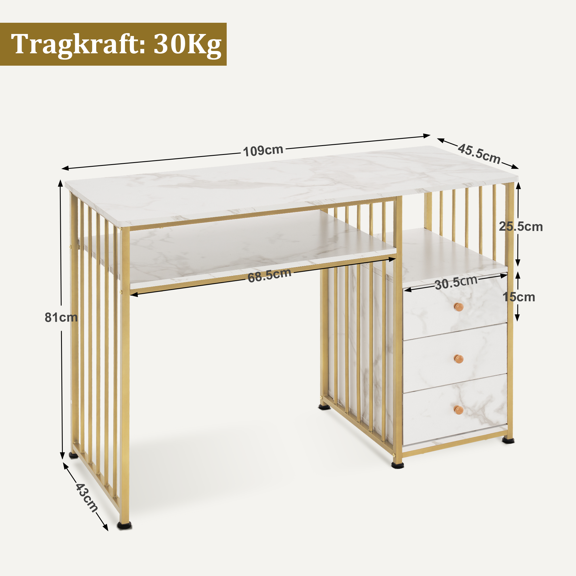 Barberpub Schreibtisch mit Schubladen, Schminktisch ohne Spiegel, Nageltisch aus Holz Metallgestell, Computertisch Wohnzimmer Modern, 109 x 45,5 x 81cm, 2407