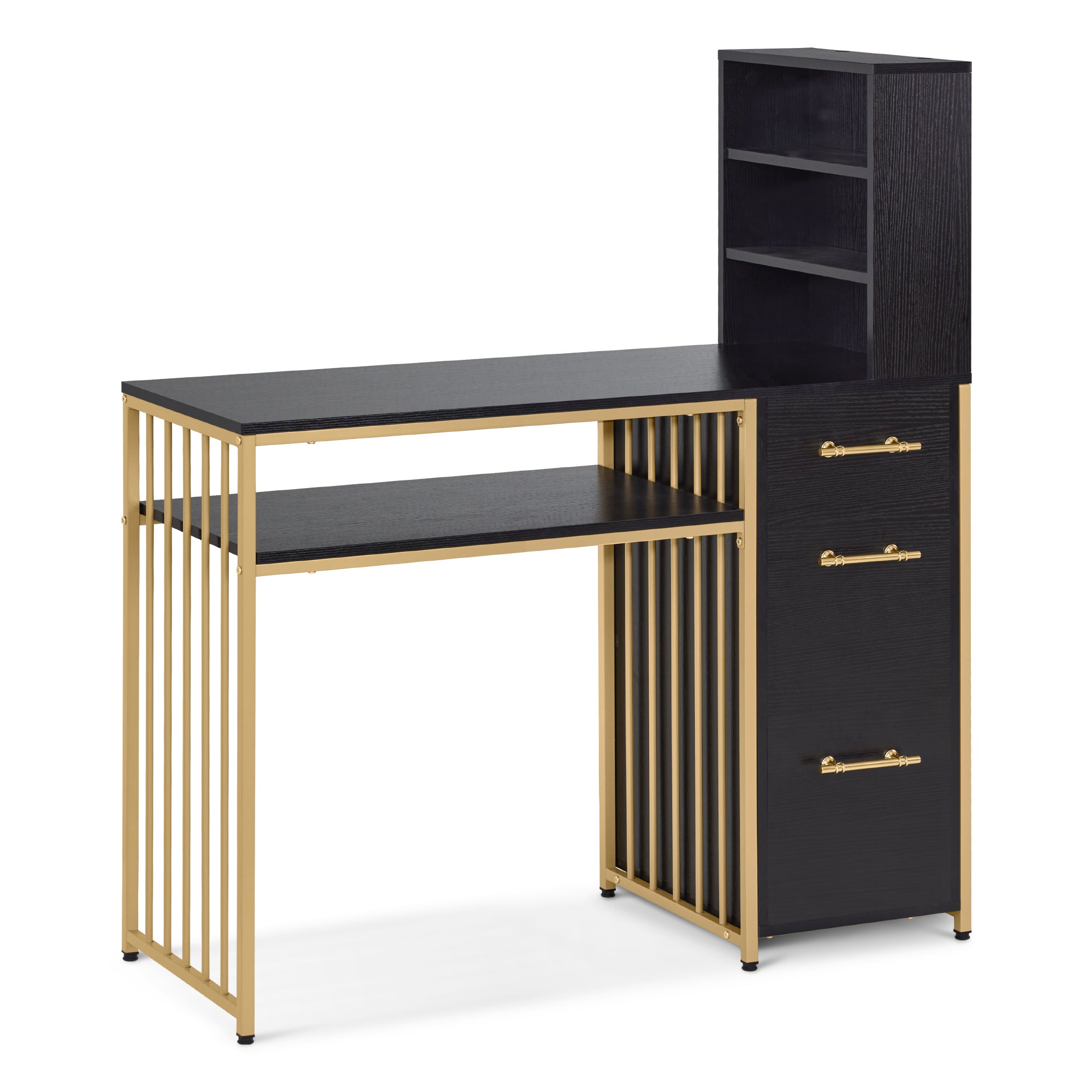 Barberpub Schreibtisch mit 3 Schubladen, Nageltisch aus Holz Metallgestell, Manikürtisch Marmor-Weiß Gold, Schminktisch ohne Spiegel Modern, Computertisch mit Regal Wohnzimmer, 43x108x125cm, 2420