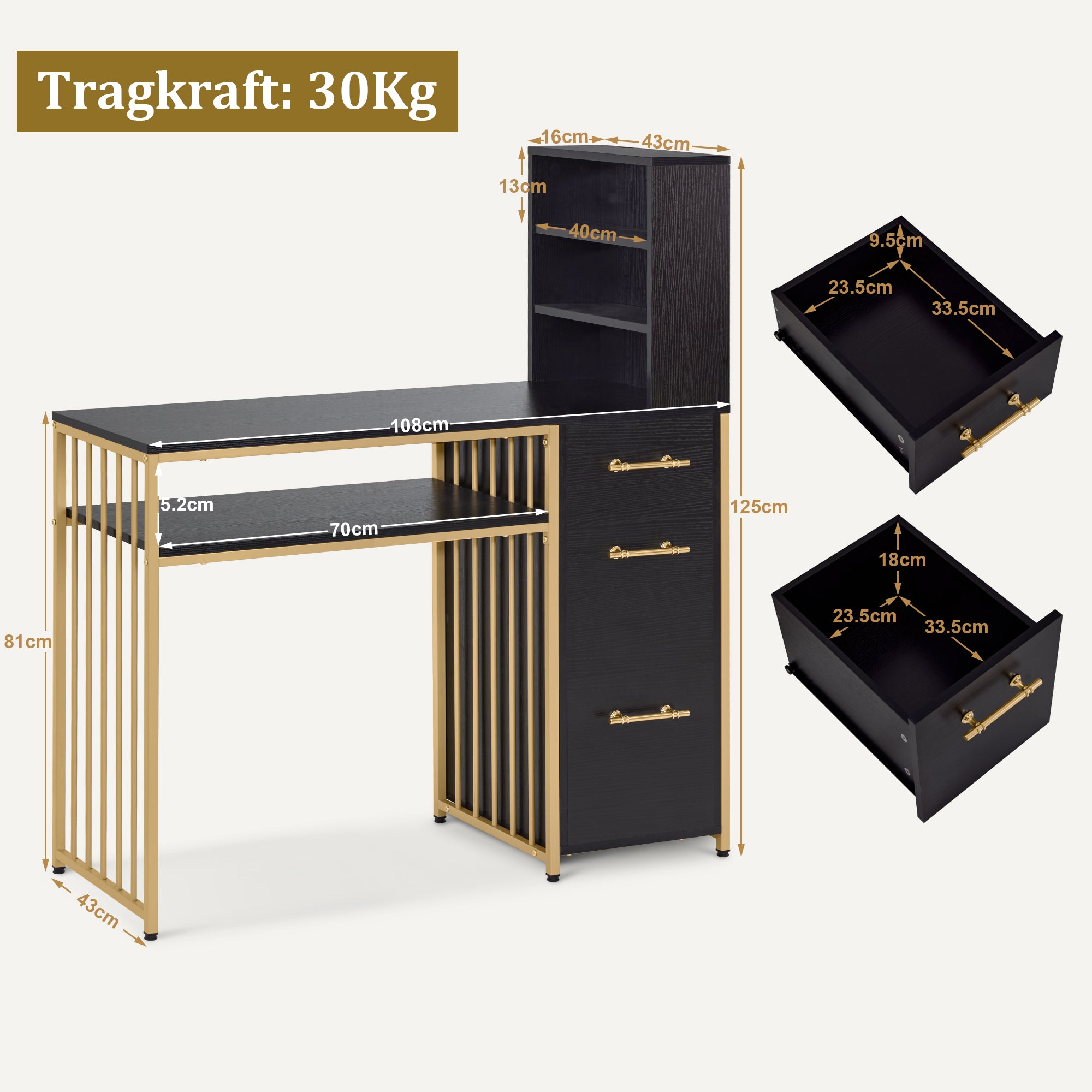 Barberpub Schreibtisch mit 3 Schubladen, Nageltisch aus Holz Metallgestell, Manikürtisch Marmor-Weiß Gold, Schminktisch ohne Spiegel Modern, Computertisch mit Regal Wohnzimmer, 43x108x125cm, 2420