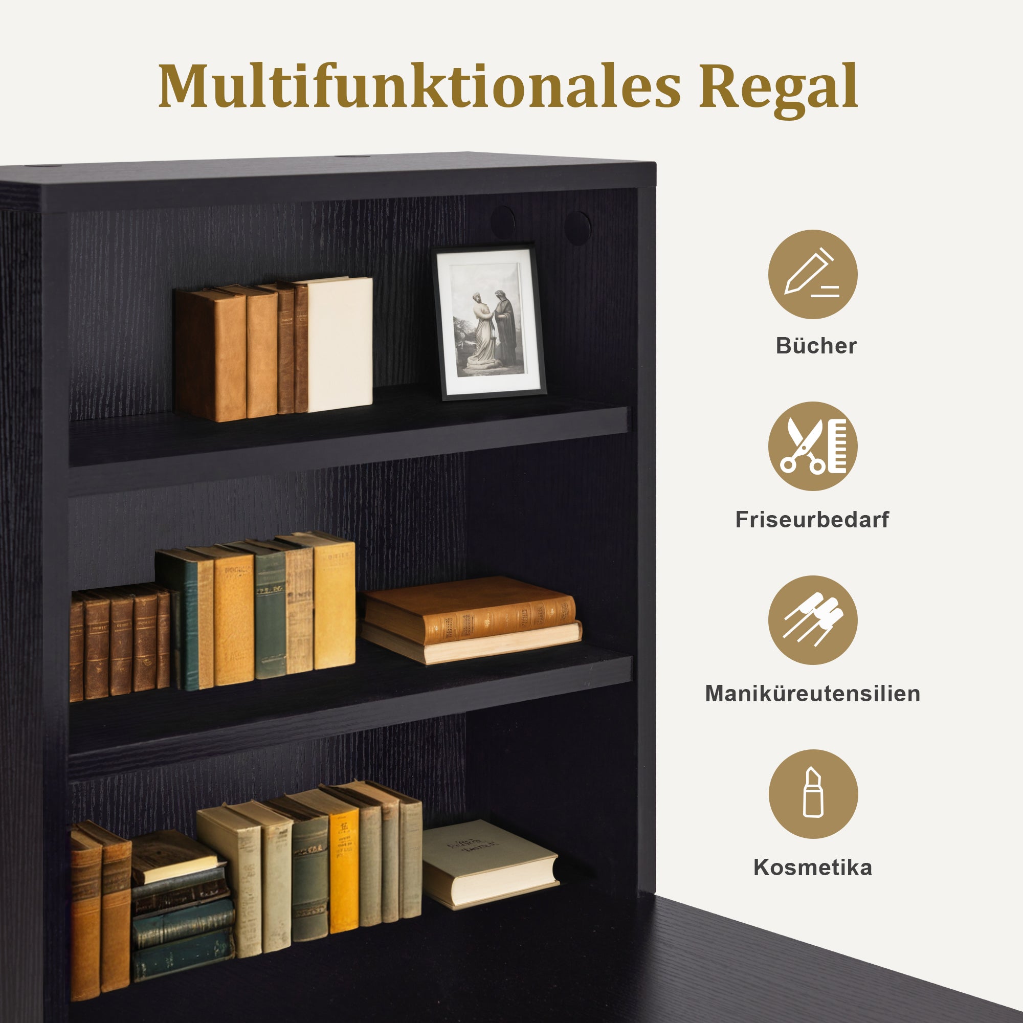 Barberpub Schreibtisch mit 3 Schubladen, Nageltisch aus Holz Metallgestell, Manikürtisch Marmor-Weiß Gold, Schminktisch ohne Spiegel Modern, Computertisch mit Regal Wohnzimmer, 43x108x125cm, 2420