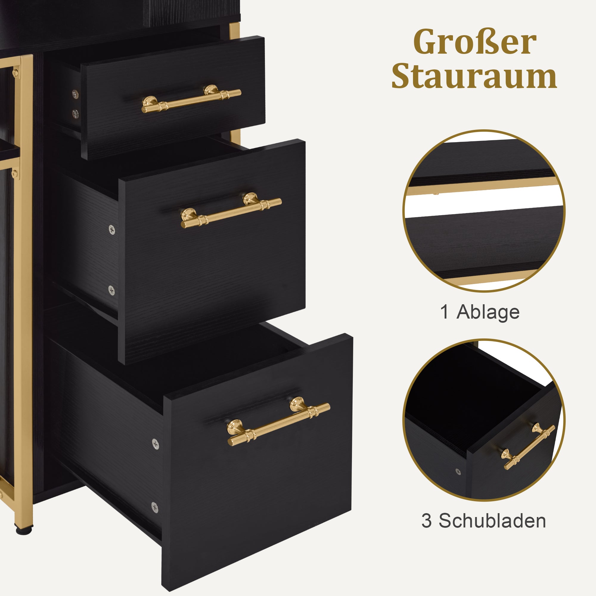 Barberpub Schreibtisch mit 3 Schubladen, Nageltisch aus Holz Metallgestell, Manikürtisch Marmor-Weiß Gold, Schminktisch ohne Spiegel Modern, Computertisch mit Regal Wohnzimmer, 43x108x125cm, 2420