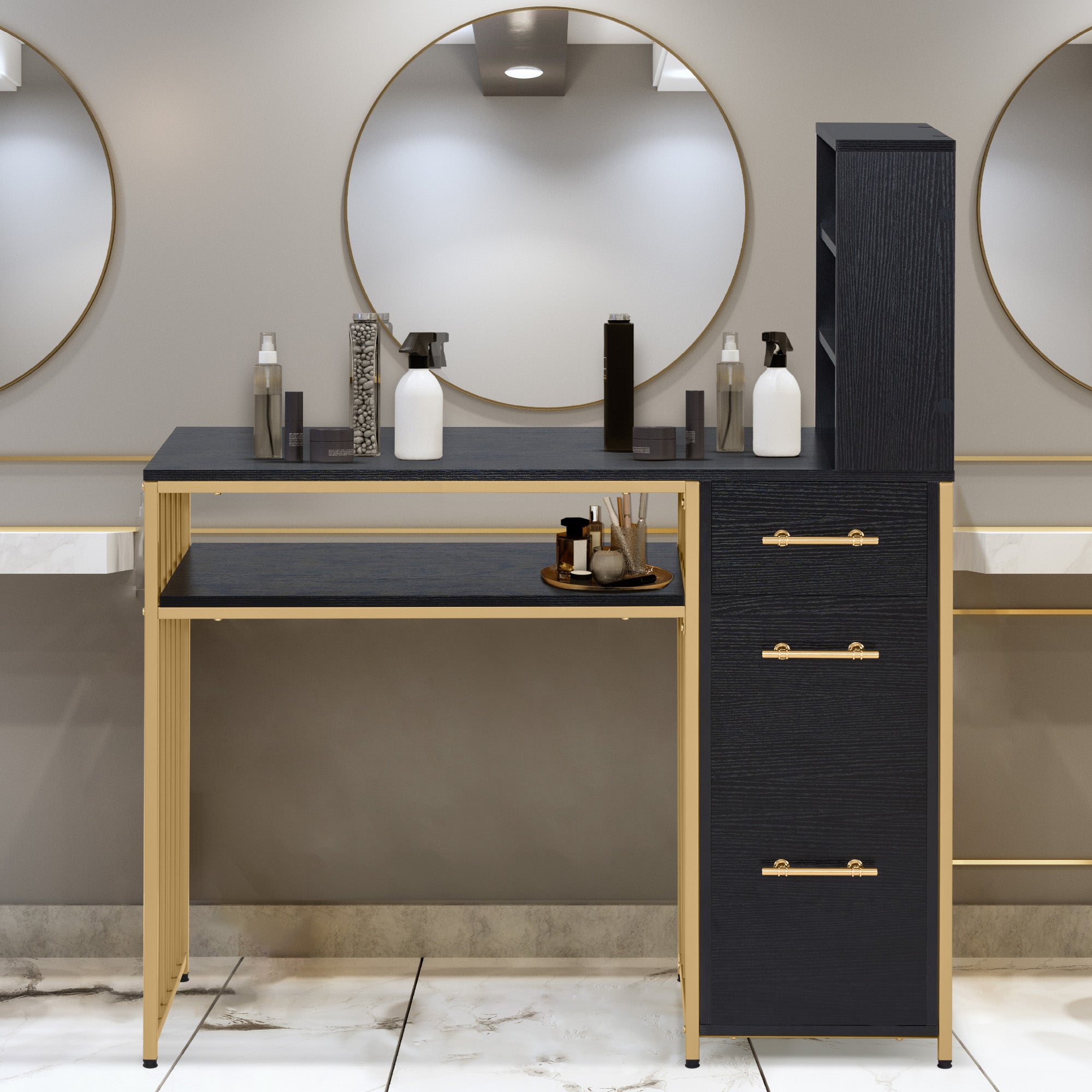 Barberpub Schreibtisch mit 3 Schubladen, Nageltisch aus Holz Metallgestell, Manikürtisch Marmor-Weiß Gold, Schminktisch ohne Spiegel Modern, Computertisch mit Regal Wohnzimmer, 43x108x125cm, 2420