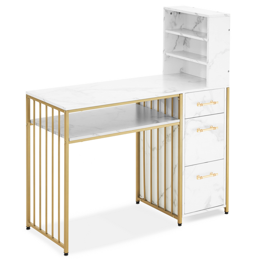 Barberpub Schreibtisch mit 3 Schubladen, Nageltisch aus Holz Metallgestell, Manikürtisch Marmor-Weiß Gold, Schminktisch ohne Spiegel Modern, Computertisch mit Regal Wohnzimmer, 43x108x125cm, 2420