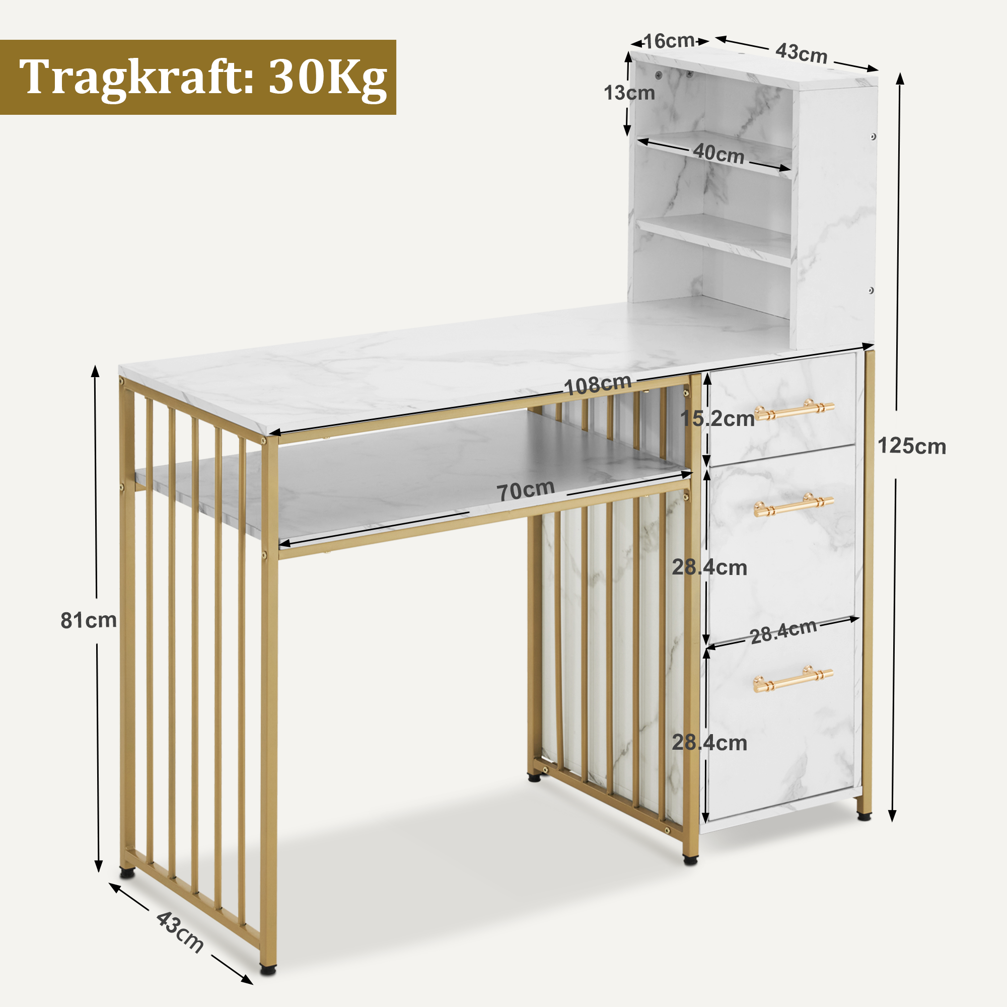 Barberpub Schreibtisch mit 3 Schubladen, Nageltisch aus Holz Metallgestell, Manikürtisch Marmor-Weiß Gold, Schminktisch ohne Spiegel Modern, Computertisch mit Regal Wohnzimmer, 43x108x125cm, 2420