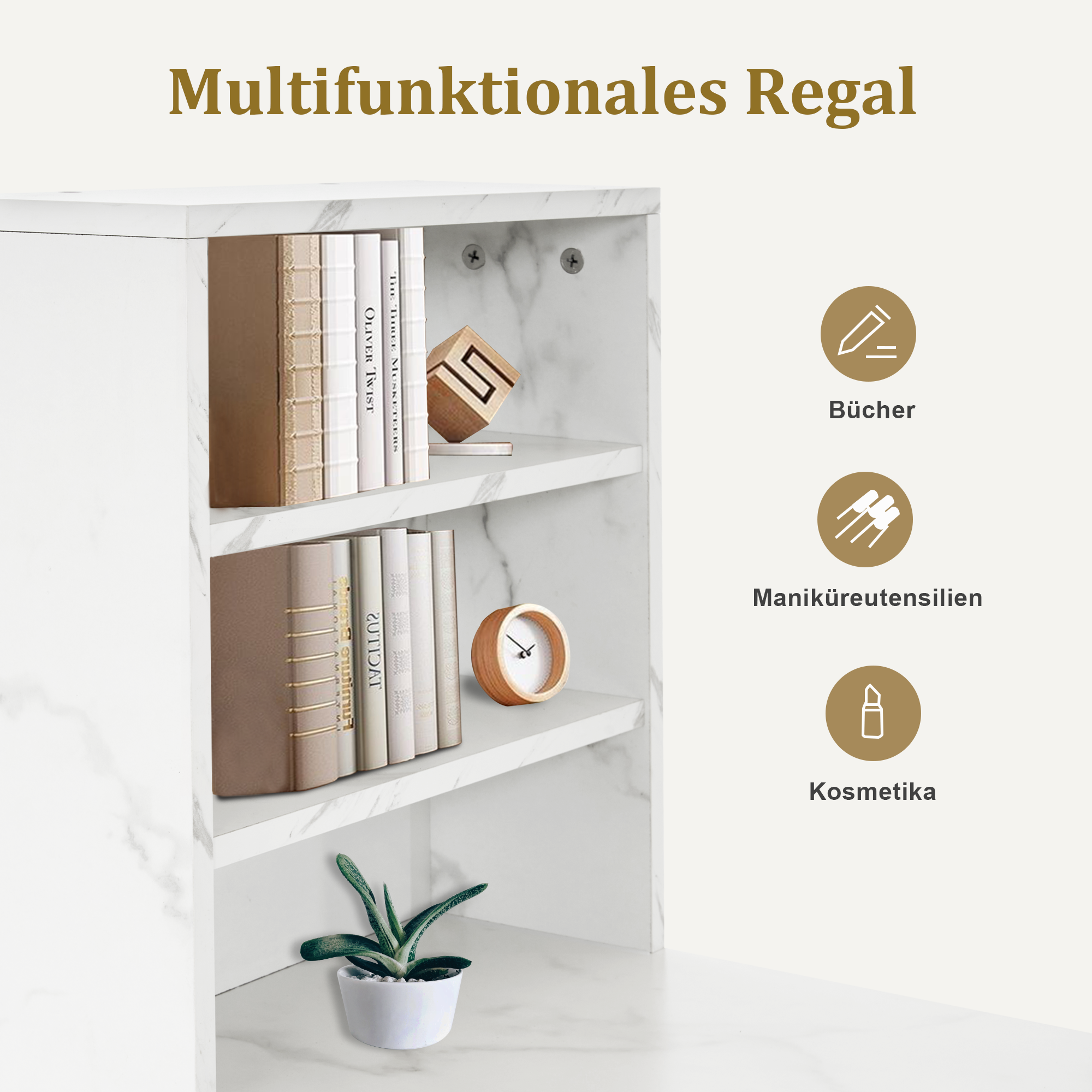 Barberpub Schreibtisch mit 3 Schubladen, Nageltisch aus Holz Metallgestell, Manikürtisch Marmor-Weiß Gold, Schminktisch ohne Spiegel Modern, Computertisch mit Regal Wohnzimmer, 43x108x125cm, 2420