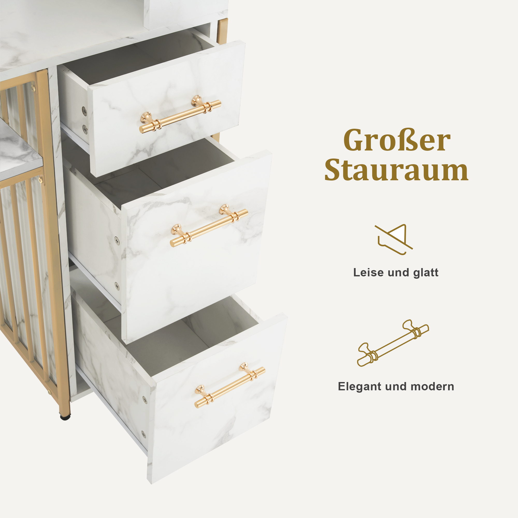 Barberpub Schreibtisch mit 3 Schubladen, Nageltisch aus Holz Metallgestell, Manikürtisch Marmor-Weiß Gold, Schminktisch ohne Spiegel Modern, Computertisch mit Regal Wohnzimmer, 43x108x125cm, 2420