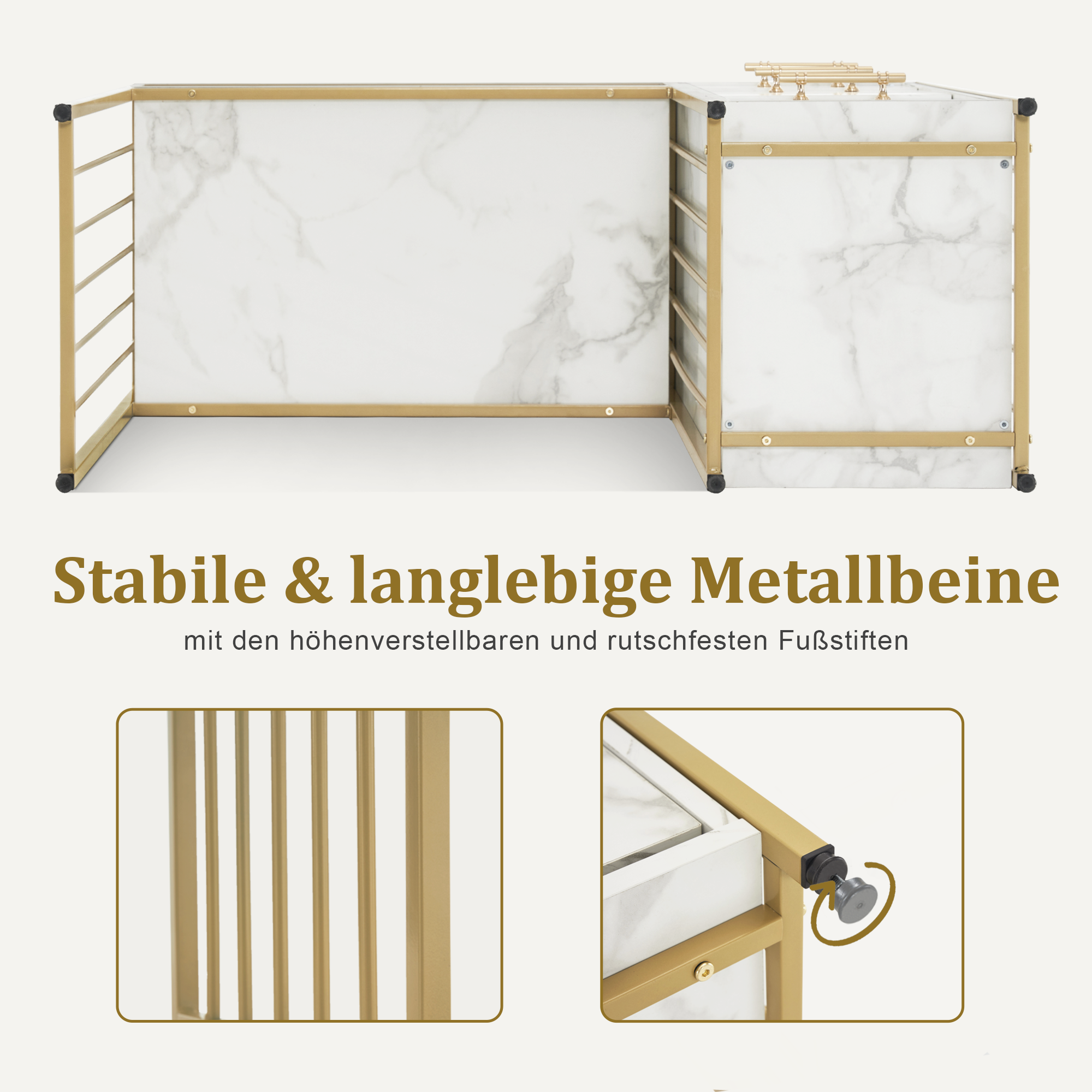 Barberpub Schreibtisch mit 3 Schubladen, Nageltisch aus Holz Metallgestell, Manikürtisch Marmor-Weiß Gold, Schminktisch ohne Spiegel Modern, Computertisch mit Regal Wohnzimmer, 43x108x125cm, 2420