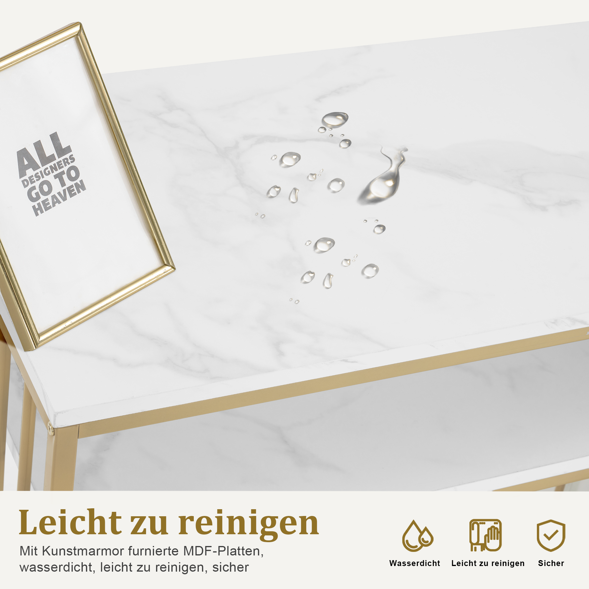 Barberpub Schreibtisch mit 3 Schubladen, Nageltisch aus Holz Metallgestell, Manikürtisch Marmor-Weiß Gold, Schminktisch ohne Spiegel Modern, Computertisch mit Regal Wohnzimmer, 43x108x125cm, 2420