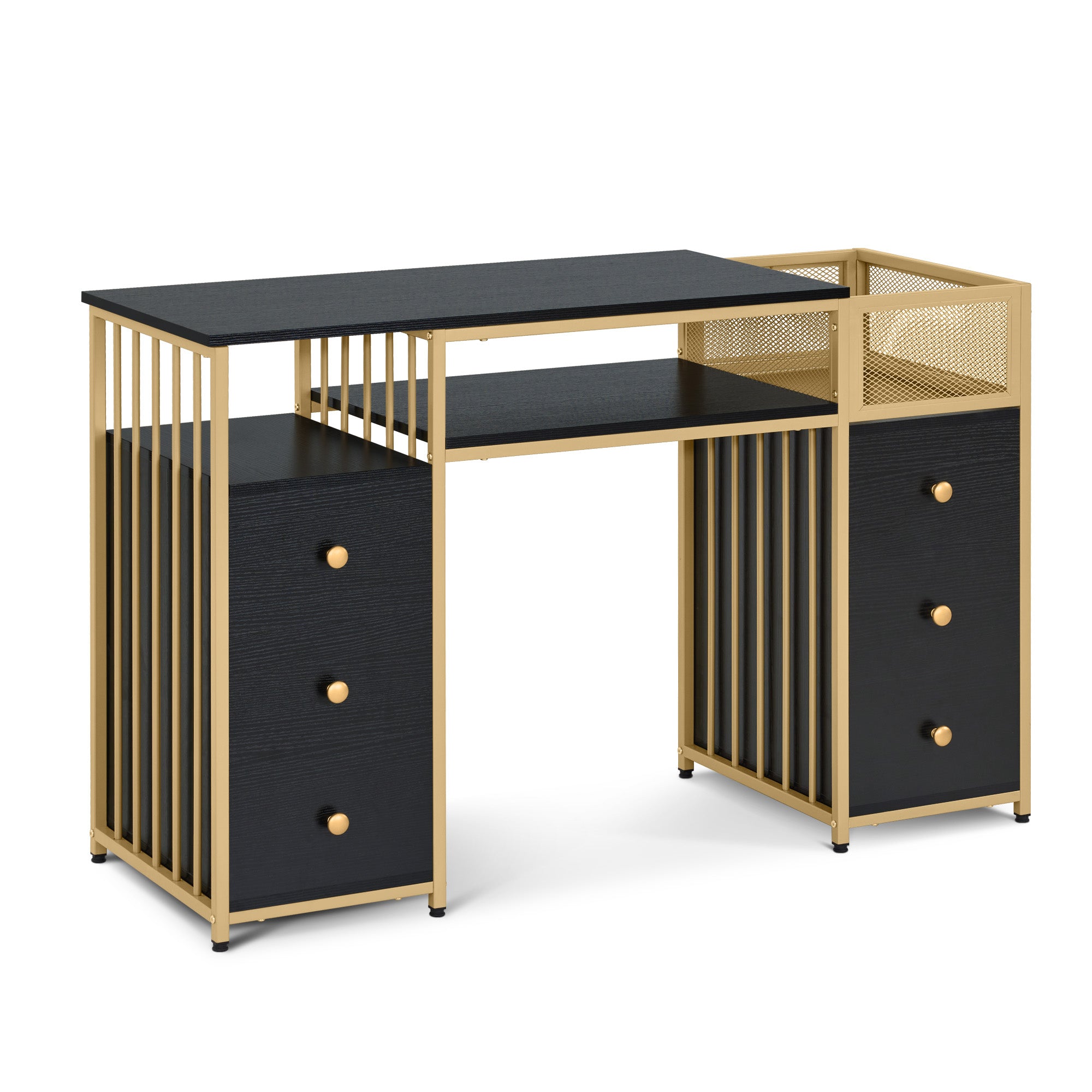 Barberpub Schminktisch mit 6 Schubladen, Nageltisch aus Holz Metallgestell, Manikürtisch, ohne Spiegel Modern 46x125x81cm, 2425