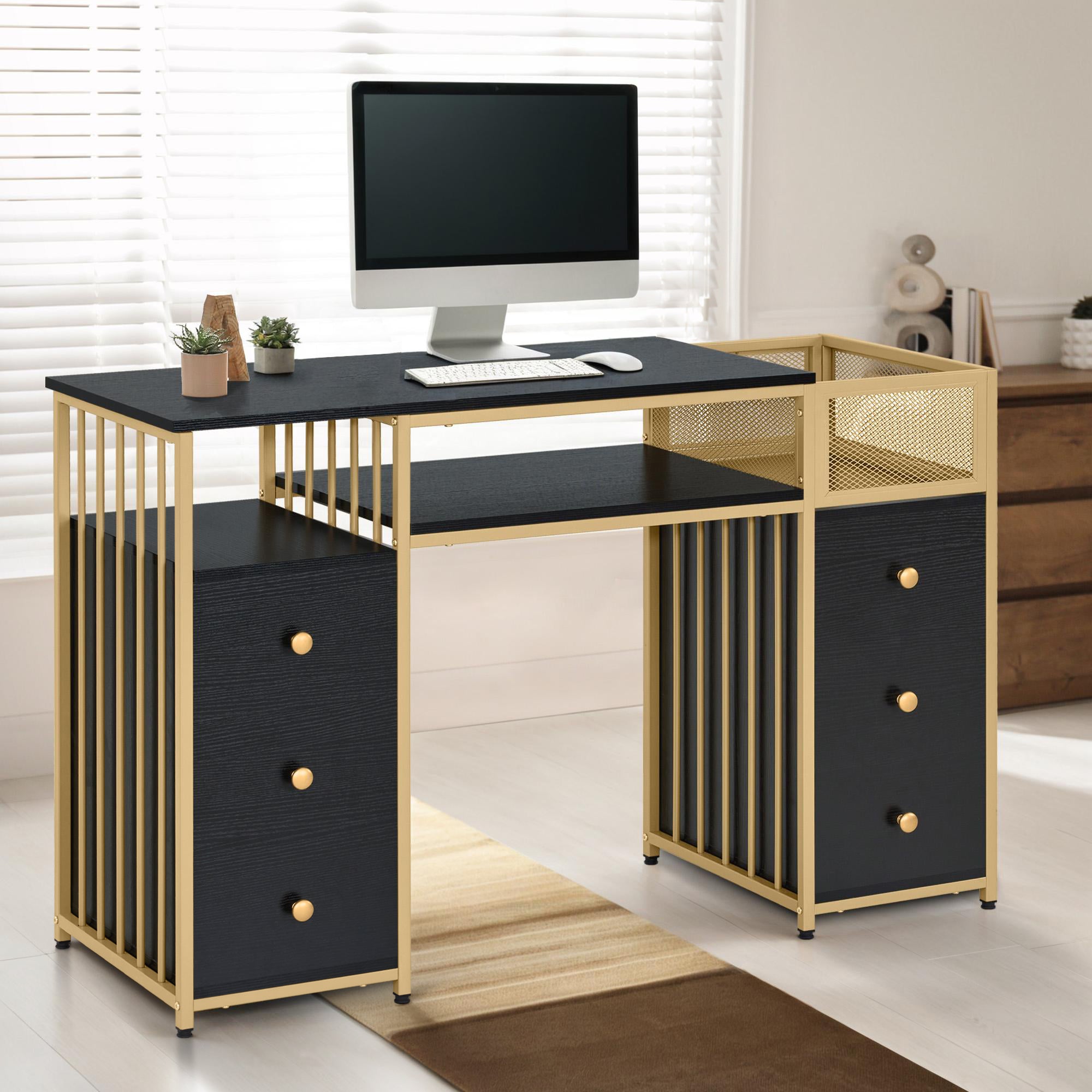 Barberpub Schminktisch mit 6 Schubladen, Nageltisch aus Holz Metallgestell, Manikürtisch, ohne Spiegel Modern 46x125x81cm, 2425