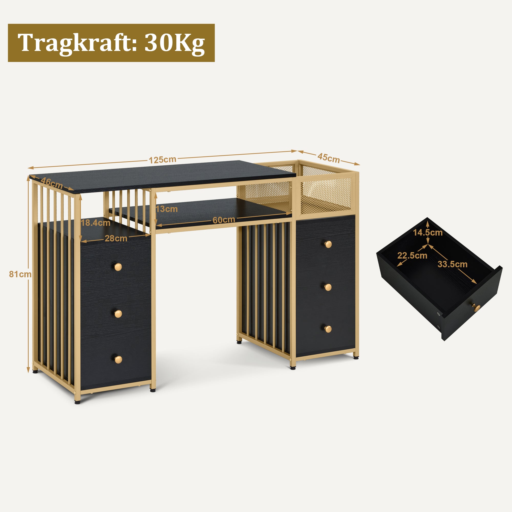 Barberpub Schminktisch mit 6 Schubladen, Nageltisch aus Holz Metallgestell, Manikürtisch, ohne Spiegel Modern 46x125x81cm, 2425