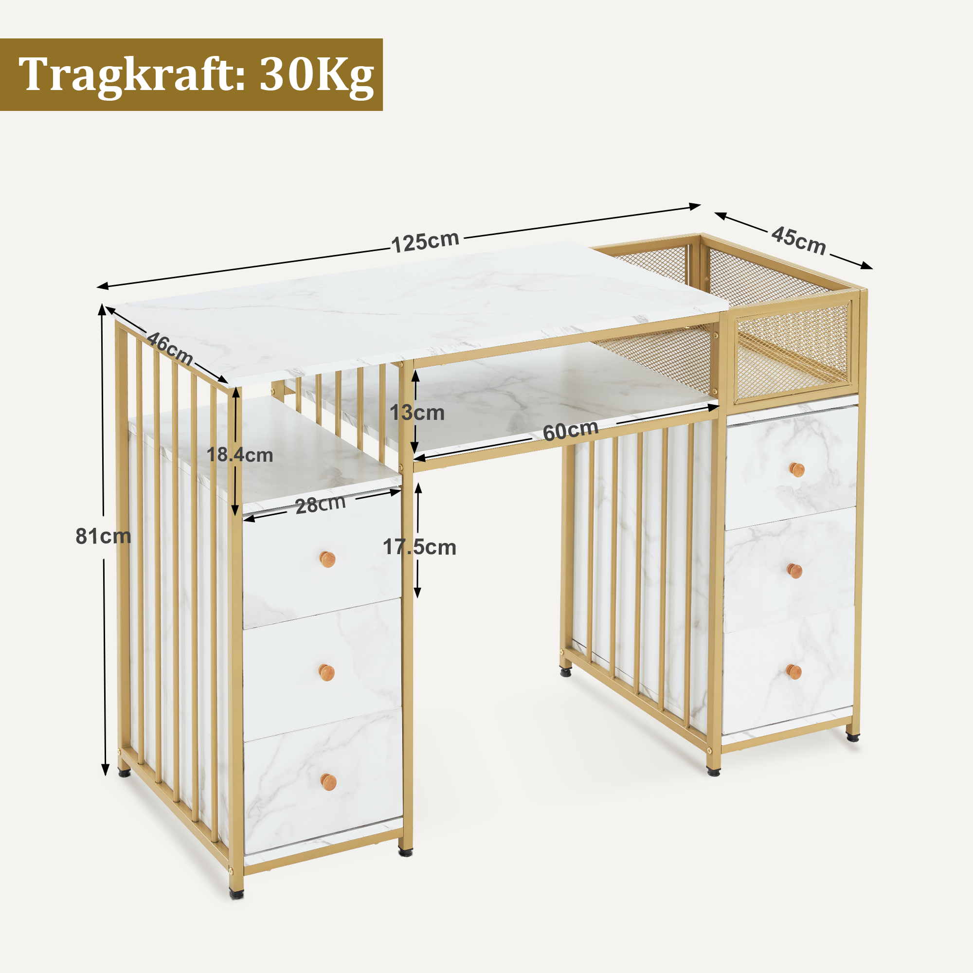 Barberpub Schminktisch mit 6 Schubladen, Nageltisch aus Holz Metallgestell, Manikürtisch, ohne Spiegel Modern 46x125x81cm, 2425