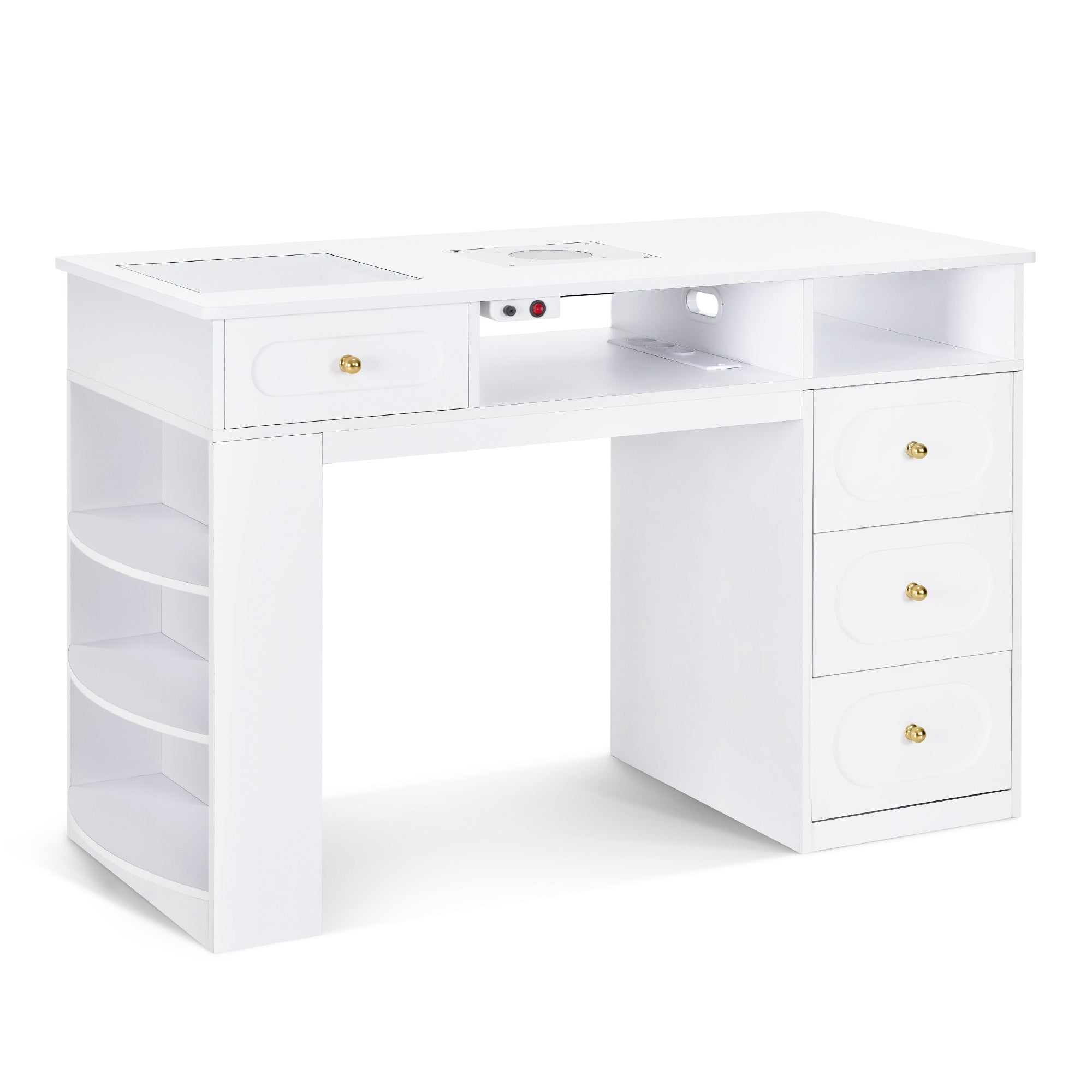 BarberPub Manikürtisch mit 4 Schubladen, Regal, 2 Ablagen & Glasplatte, Nageltisch mit Absaugung & 2 Staubsaugerbeuteln, Nagelfrisiertisch Holz, Schreibtisch für Nagelstudio Weiß, 55x120x112,5cm, 2442